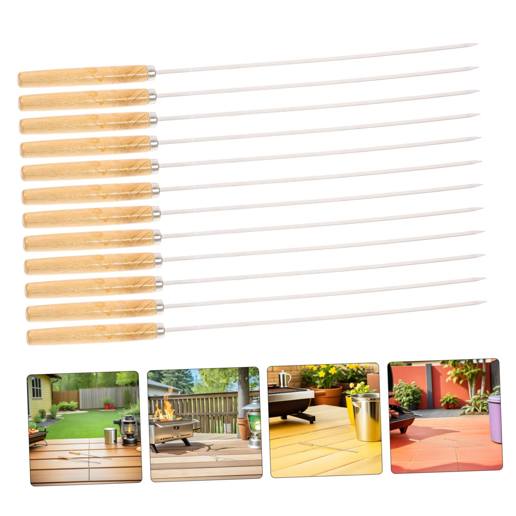 Brochetas Planas para Barbacoa, Juego de 30 Piezas, Acero Inoxidable | Mango de Madera Beige, 33cm de Largo, Uso para Pollo y Carne, Construcción Estable y Limpieza Sencilla