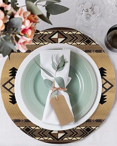 Miniatura 3 de Juego de 2 manteles individuales redondos trenzados, antideslizantes, color negro y marrón tótem en el suroeste de 15 pulgadas, resistentes al