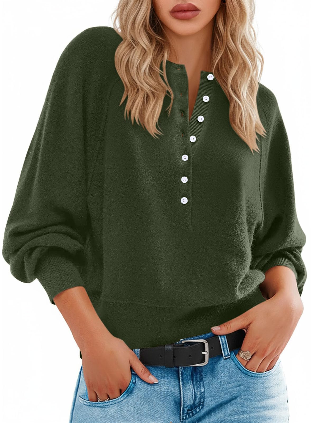 Henley Pullover Sweaters for Women Fall Button Long Sleeve Dressy Casual Loose Cozy Knit Tops Trendy Outfits