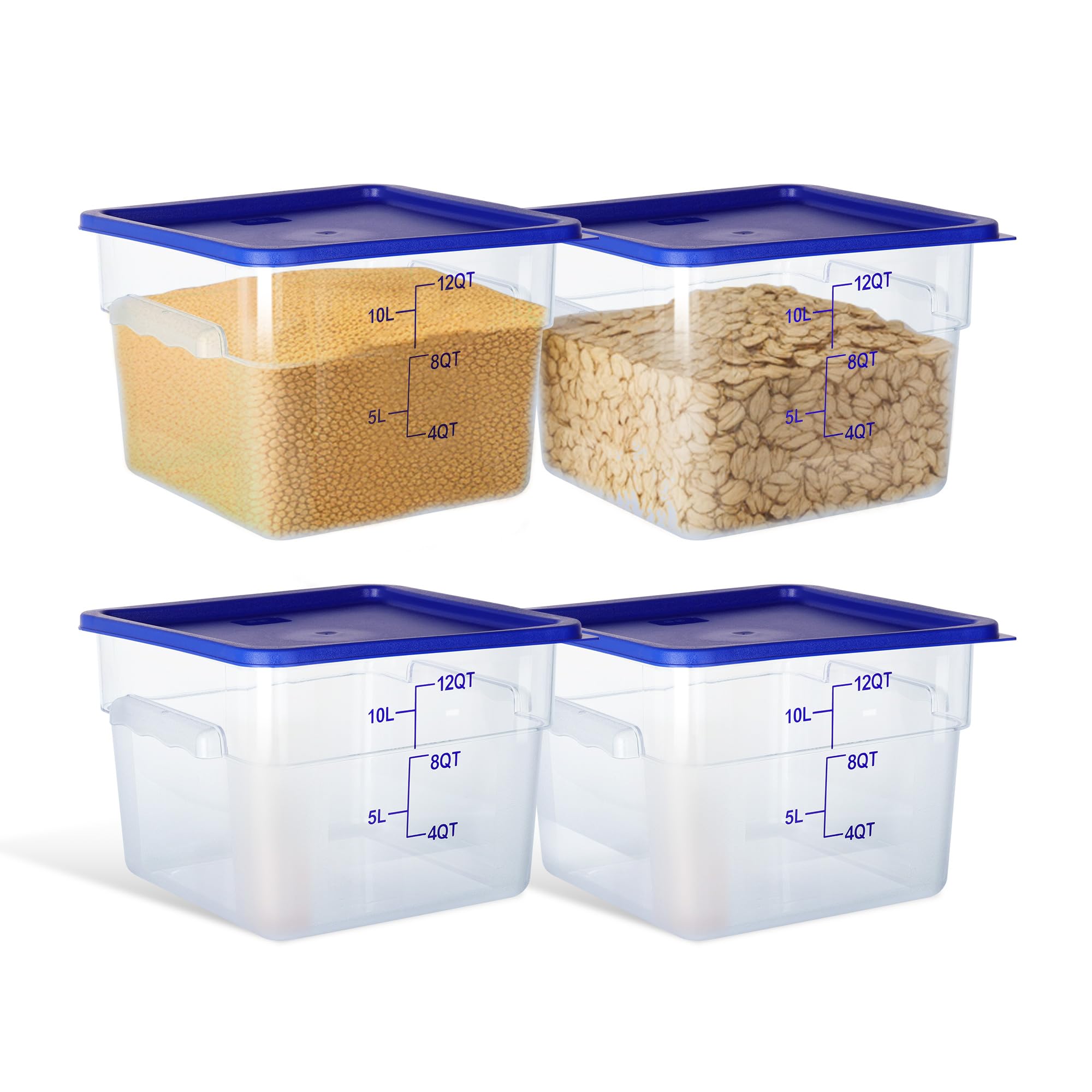 Paquete de 4 recipientes de almacenamiento de alimentos de 12 cuartos de galón con tapas, recipientes cuadrados de policarbonato para alimentos, NSF, transparente