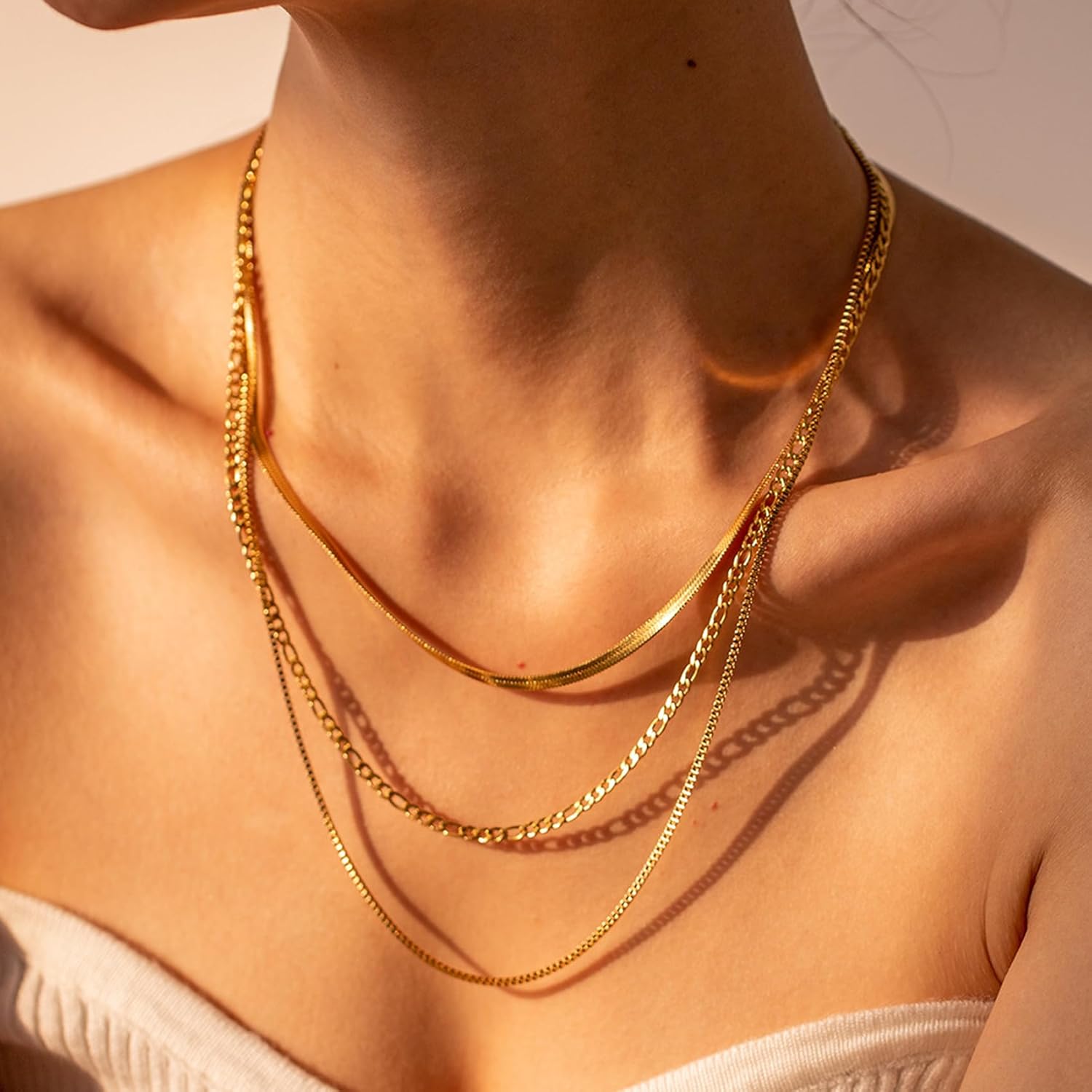 Colkiow Gold layered necklaces for women,18K gold Plated Paperclip chain Choker Necklace Stack,Layering Herringbone Rope Cuban Necklaces Trendy Jewelry Set Gift - Image 3