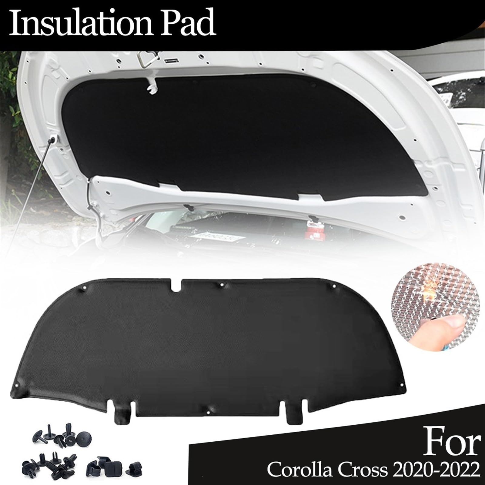 JIMYRA Tappetino isolante per cofano motore anteriore, in cotone, insonorizzante, in schiuma, ignifugo, per Toyota, Corolla, Cross 2020-2022 (foglio di alluminio)