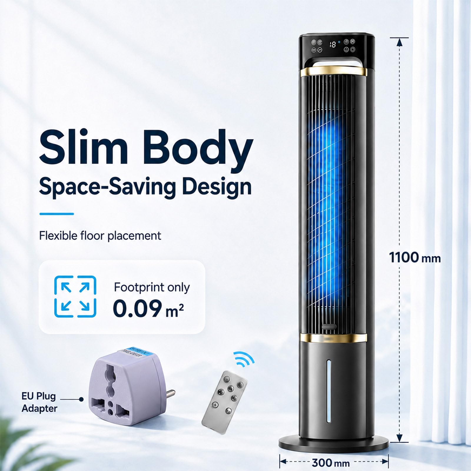 Aire Acondicionado Portátil, Climatizador con 3 Velocidades, Timer 12h | Ventilador de Torre Silencioso con Acumuladores de Hielo, Humidificador, Pantalla Táctil, Mando y Oscilación