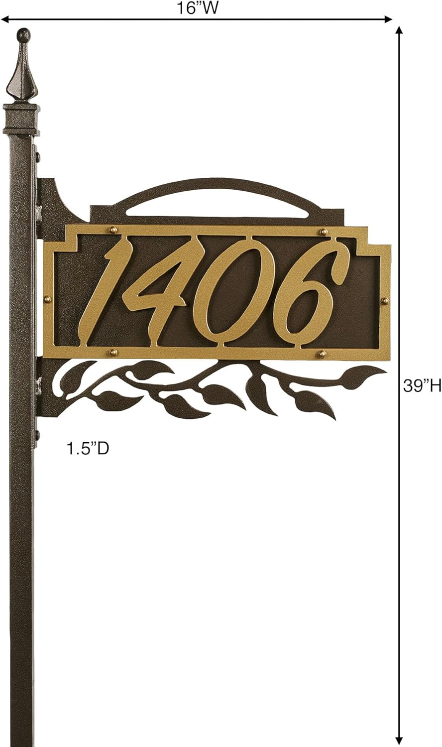 Shepherd Double Sided Address Yard Post | Traditional Ivy Vine | Custom Metal House Number Sign for Outdoor Use | Personalized with Your 1-5 Address Numbers | Gold and Bronze Durable Finish