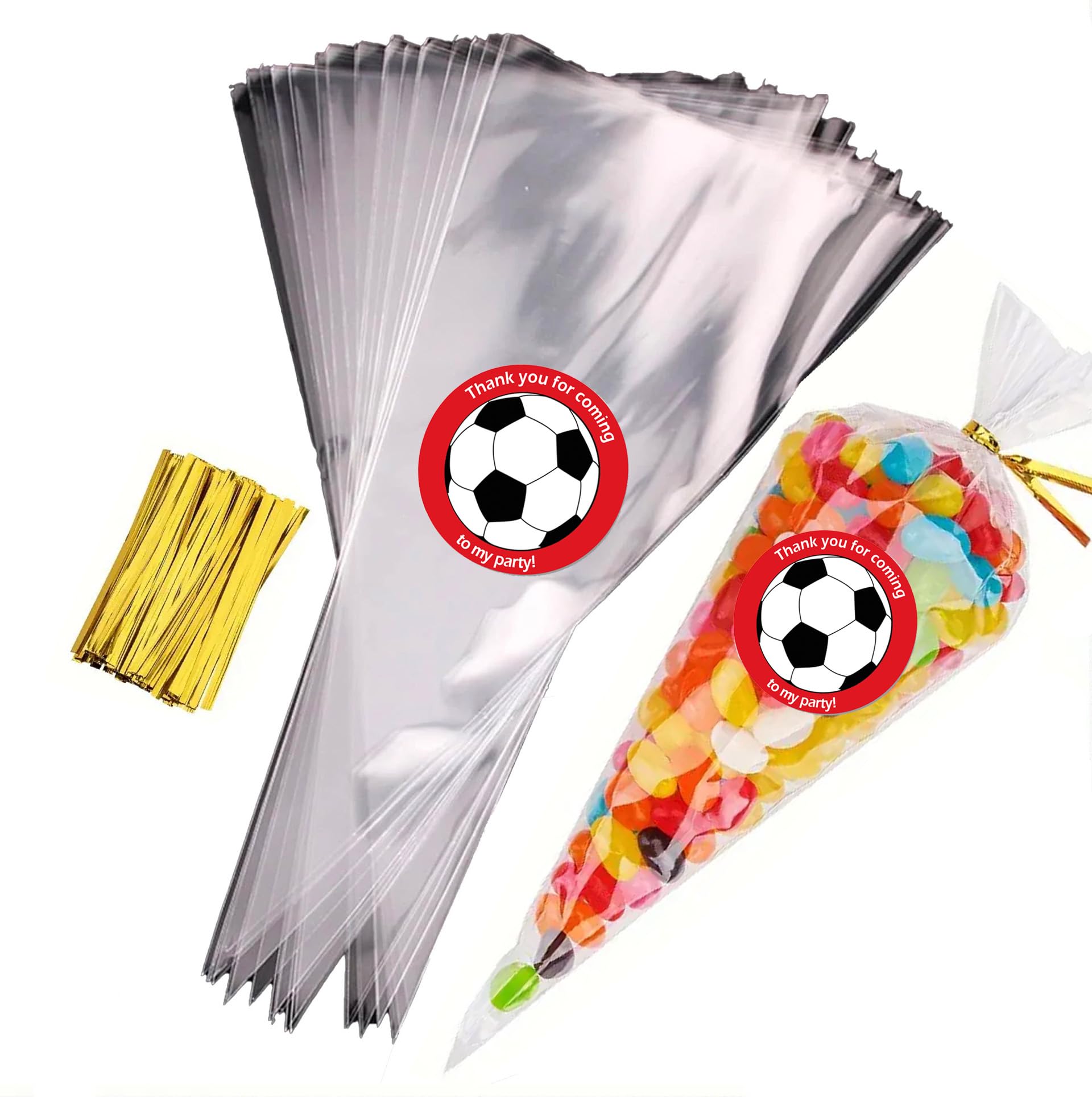 Sweet Cone Bags with Coloured Ties | Triangle Clear Cellophane Bags | Food Sweet Candy Popcorn Snacks | Brithday Baby Shower Fayres Events Festivals (Football Red, 50 Set)