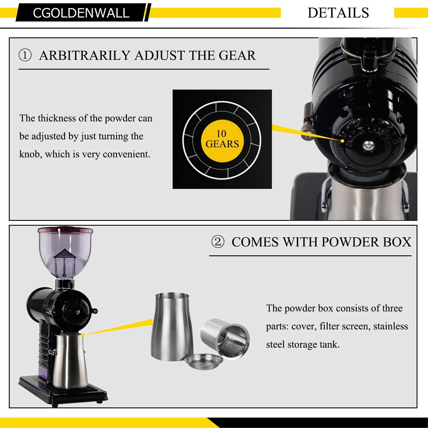 CGOLDENWALL Molinillo de café eléctrico, molinillo de café automático, molinillo de granos de café, molinillo de granos de café, 10 niveles de grosor ajustable (negro)