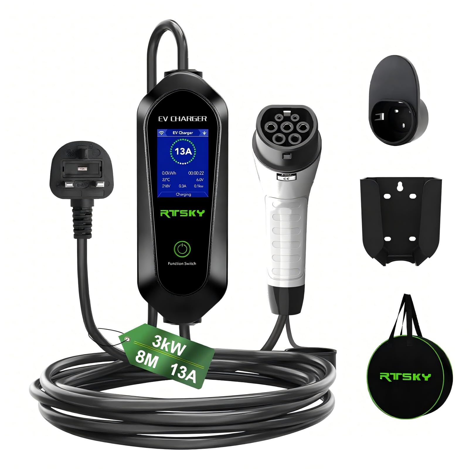 RTSKY Ev Charger Cable Type 2 to 3 Pin UK Plug 5M, 3KW 13A with Adjustable Current, Includes UI Display Screen, Storage Bag & Wall Mount — view 8