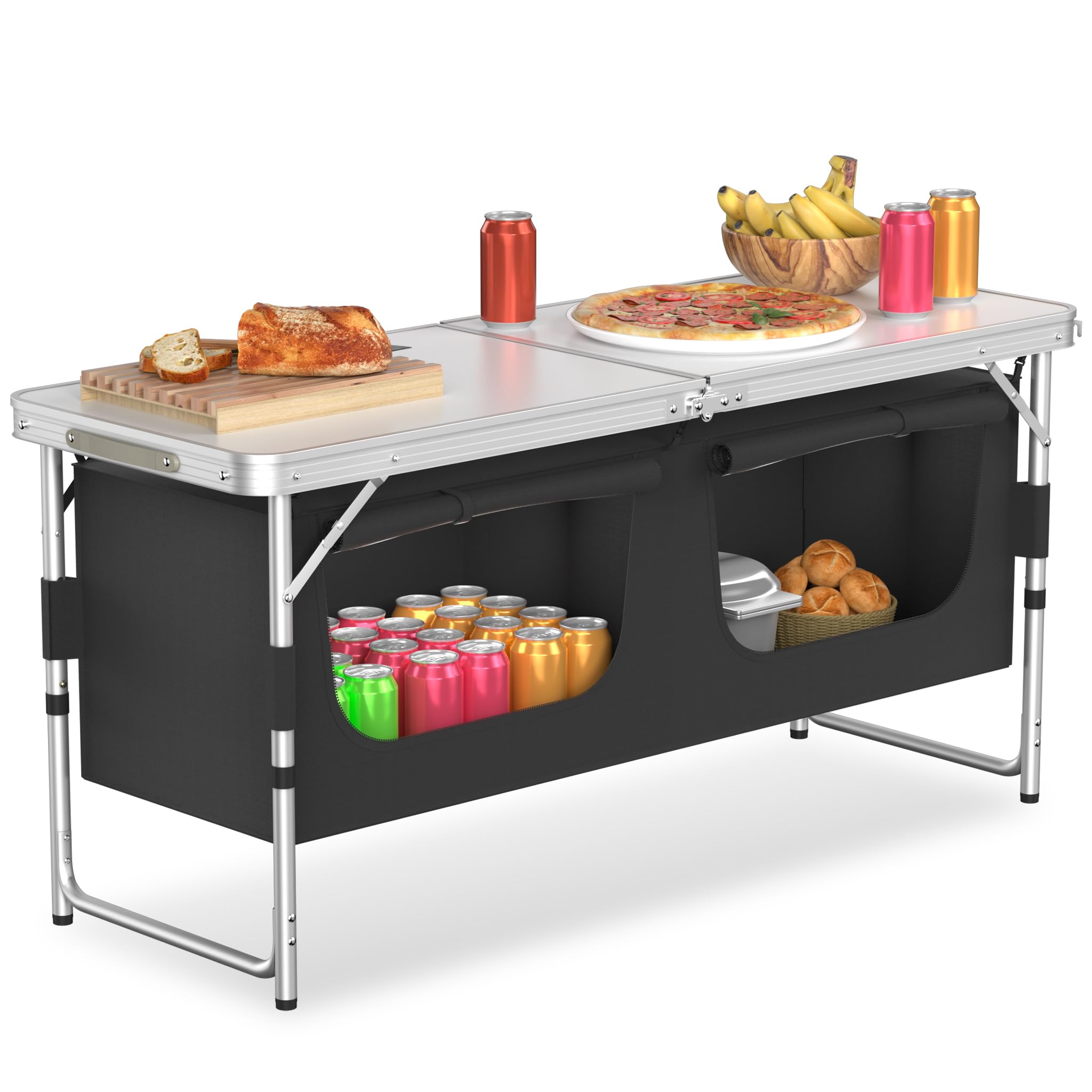 Yunvin Portable Camping Kitchen, Aluminium Camping Cabinet with 2 Internal Shelves, Windscreen and Carry Bag, Outdoor Storage Cupboard for BBQ and Picnic