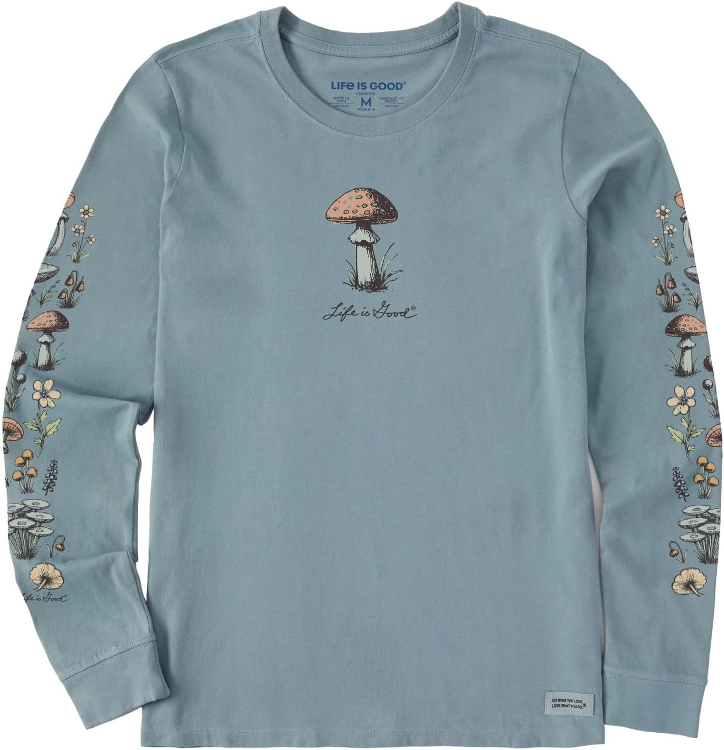 Life is Good. Women's Detailed Mushrooms Long Sleeve Crusher Tee, Smoky Blue