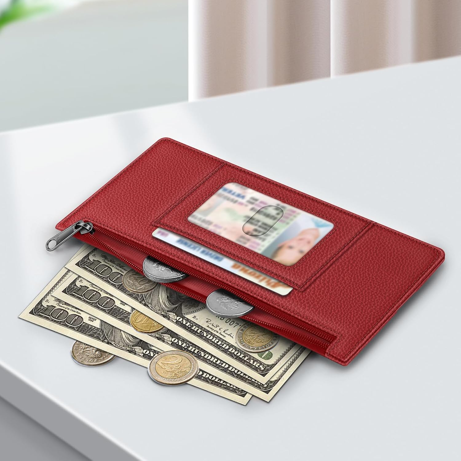 FINTIE Slim Credit Card Wallet Holder Change Pouch, RFID Blocking Business Cards Cases with Zipper Pocket for Cash, Coin, Receipt, Poppy Red