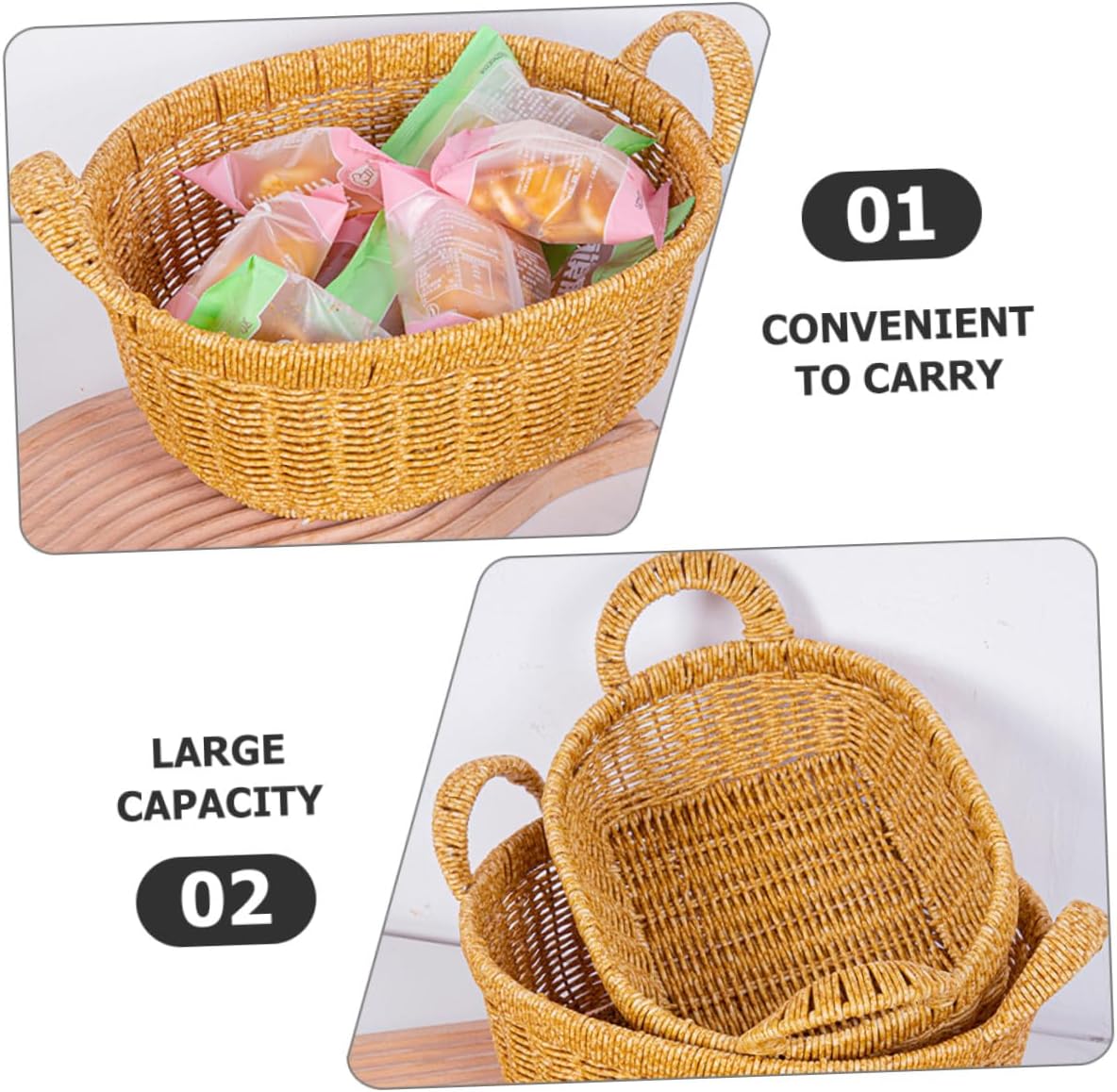 Tofficu Large Oval Deep Fruit and Bread Basket Handles, Plastic Imitation Rattan Proofing and Serving Tray for Kitchen Storage and Outdoor Picnic Use