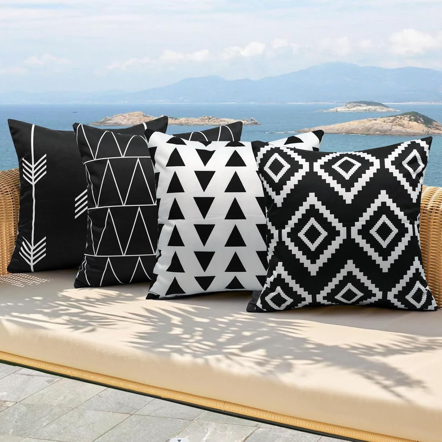 Outdoor Waterproof Throw Pillow Covers 18x18 Set of 4 Black and White Pillow Covers Modern Geometric Decorative Outdoor Pillows for Patio Furniture(No Pillow Insert)