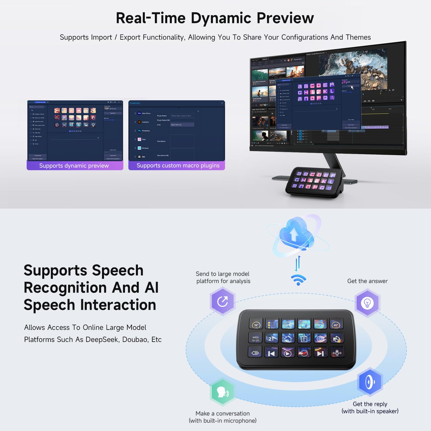 Waveshare SK18 Multi-Functional AI Voice Control Panel, Onboard 18 x Membrane LCD Macro Keys, Supports Linux & QMK Dual-System Architecture and AIDA64