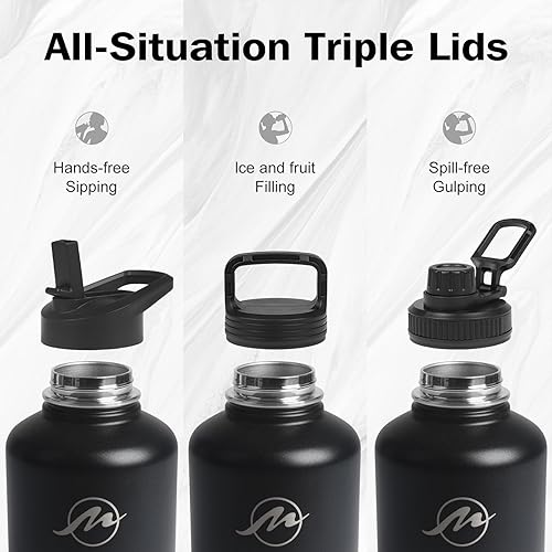 Miniatura 4 de Botella de agua aislada de 64 onzas con tapa con popote (3 tapas), frasco de jarra de medio galón, botella grande de acero inoxidable de metal, taza