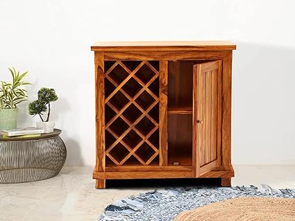 Corte Clasico Solid Wood Bar Cabinet with Storage and Bottle Hanging for Living Room | Wooden Bar Cabinet with Bottle Storage Rack with Door