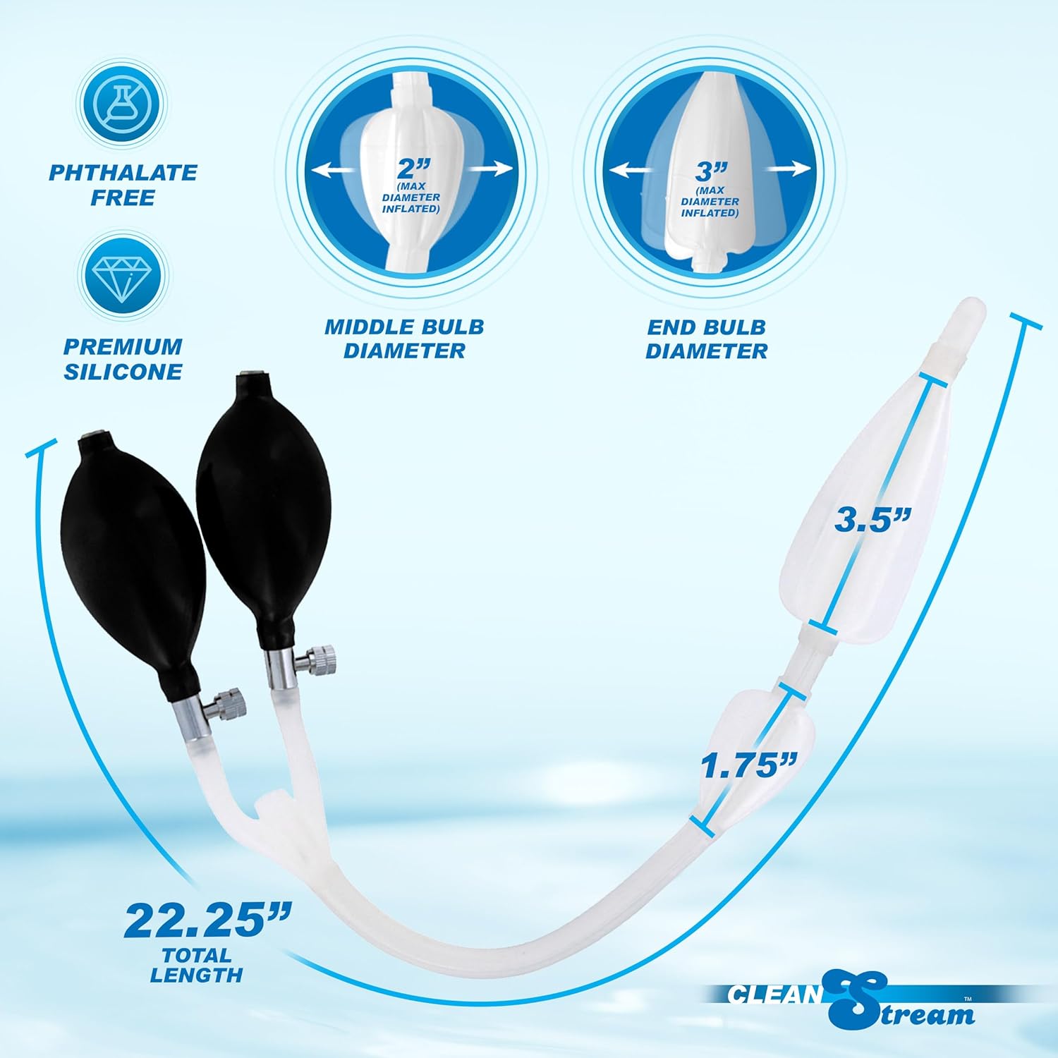 Cleanstream Double Bulb Silicone Anal Enema Catheter, No-Mess Colon Cleanse, 17.5 Inches, Easy to Use