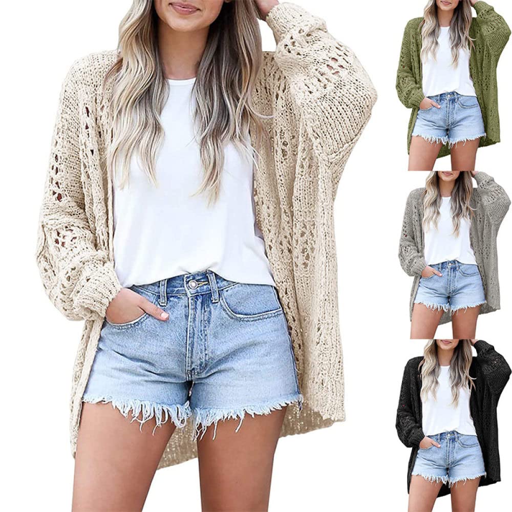 HGJH Pullover Damen, Damen-Strickpullover Vorne Offen Strickjacke V-Ausschnitt Strick Aushöhlen Kimono Volltonfarbe Mode Creme Strickjacke Weich Elegante Leichte Herbstjacke Für Lässiges Business