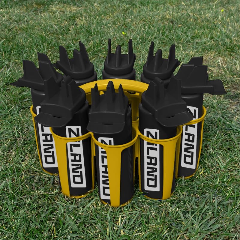 Ziland Hybrid Water Bottle Set • 8 x 1 Litre Easy Squeeze Bottles and 1 x Carrier • Perfect for Sports Teams • Hygienic as there is no mouth contact with the nozzle (Black/Black - Yellow Carrier)