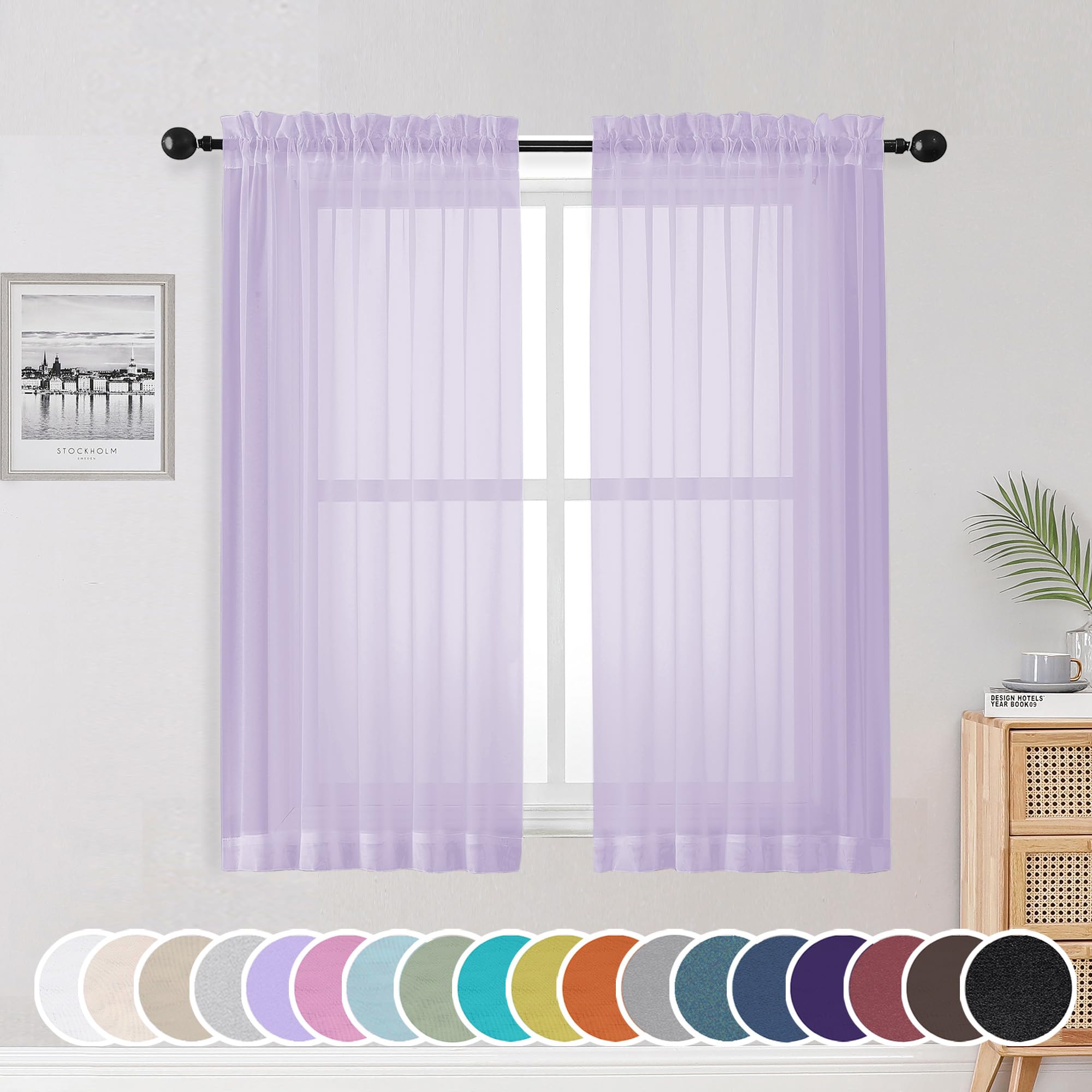 OWENIE Light Purple Sheer Curtains 54 Inch Length 2 Panels Set, Rod Pocket Voile Sheer Curtains &amp; Drapes for Bedroom/Living Room, Soft Sheer Short Curtains for Windows, Total 84Wx54L inch, Lavender