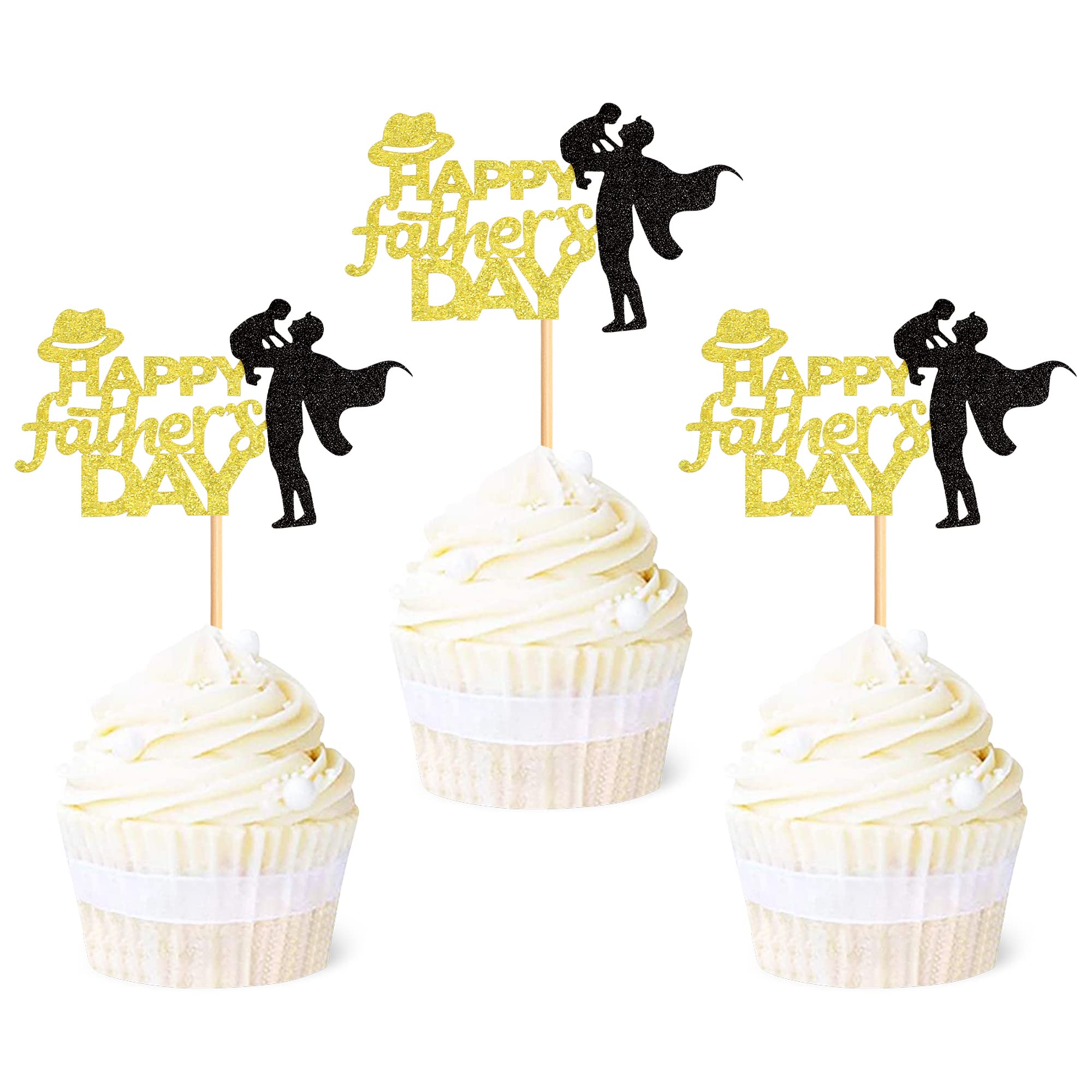 Ercadio 24 Pack Happy Father's Day Cupcake Toppers with Hat Gold Glitter Super Dad Cupcake Picks Happy Father's Day Theme Party Cake Decorations Supplies