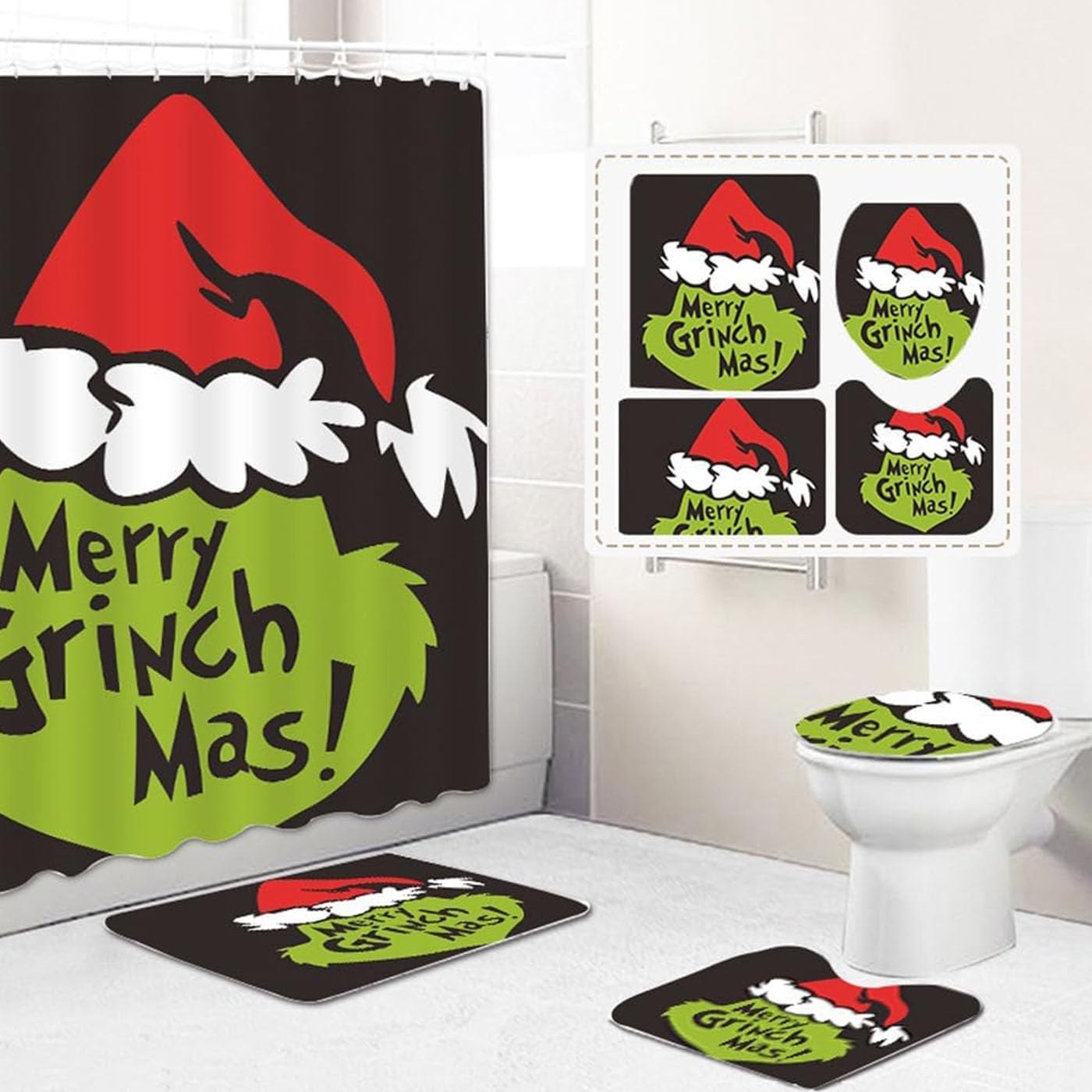 Christmas Bathroom Set for Xmas Decor,4 PCS Sets Shower Curtain with 12 Christmas Bathroom Sets