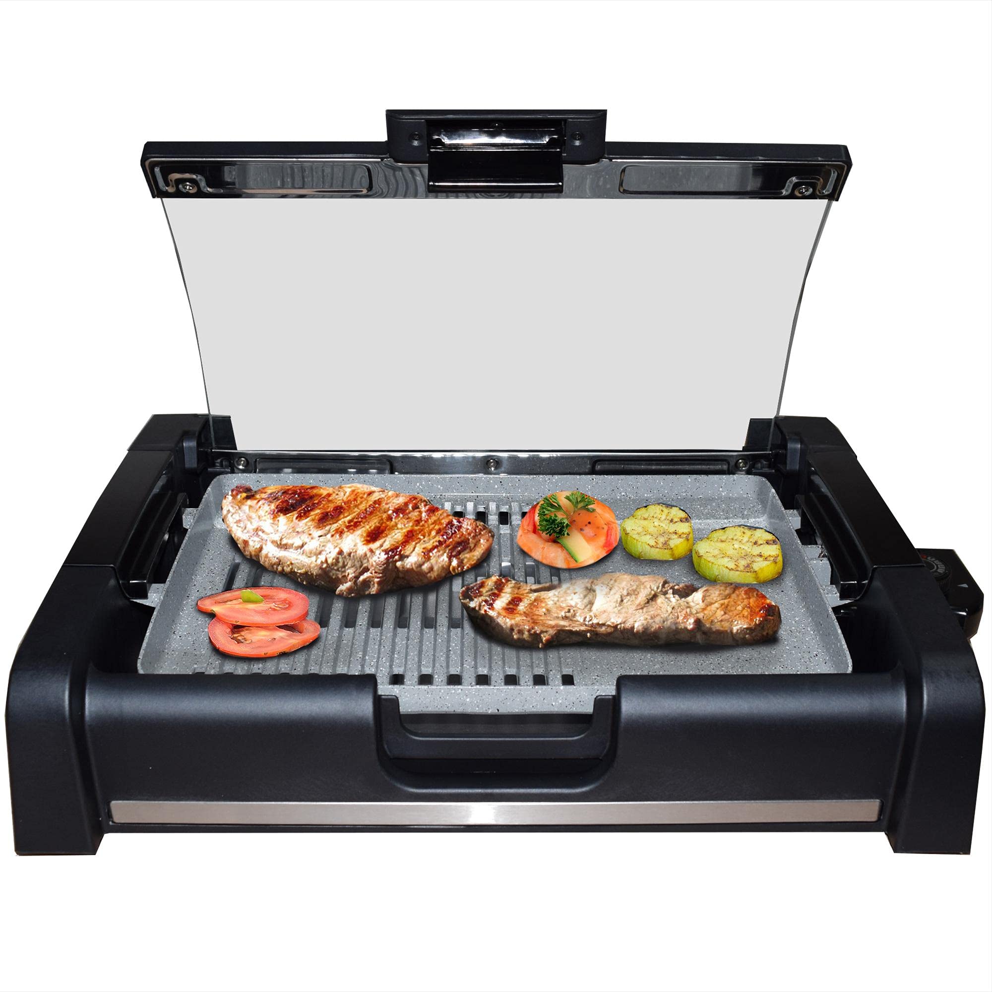 Syntrox Germany elektrischer Tischgrill mit Keramik Grillplatte und Glasdeckel BBQ Grill Elektrogrill Barbecue TG-2200W