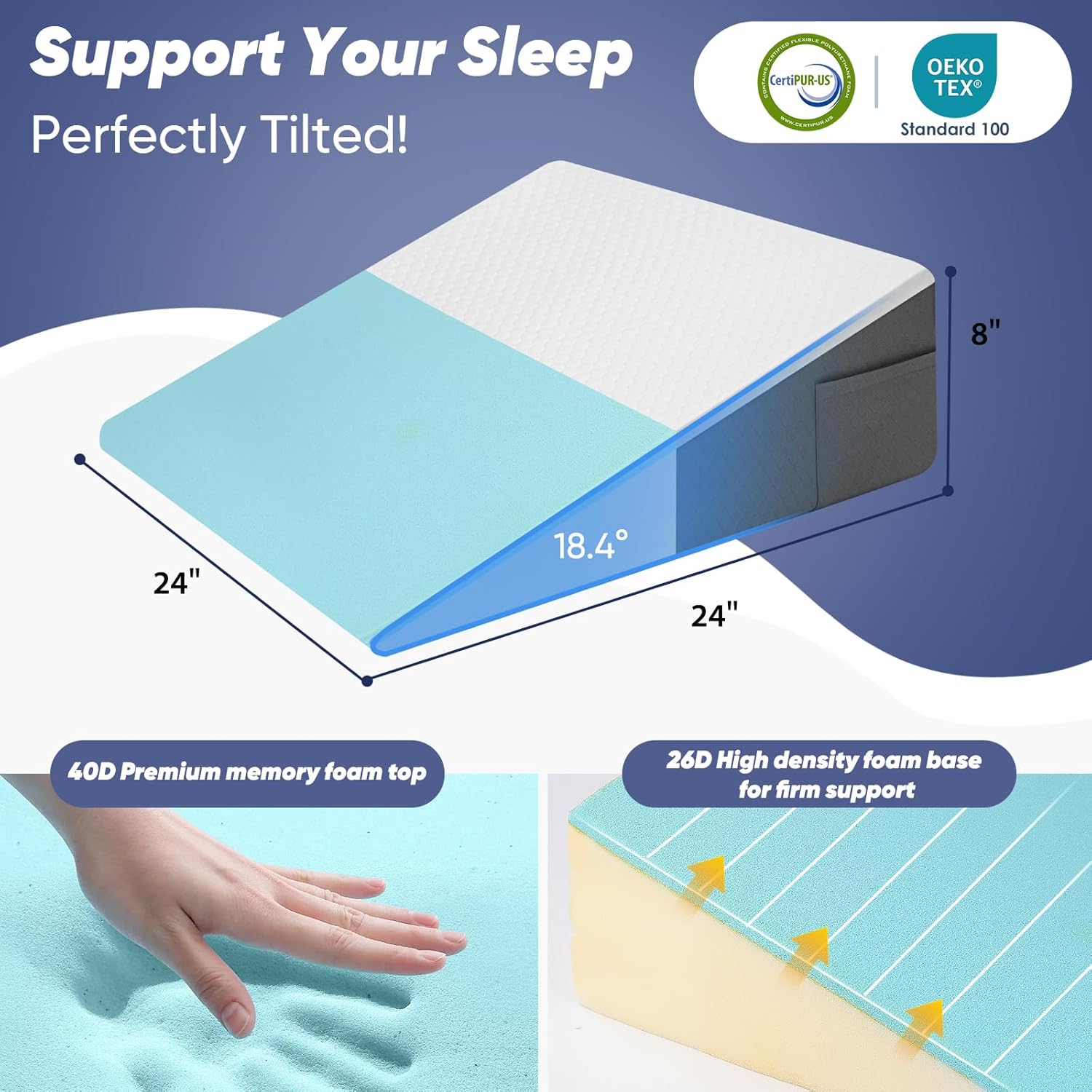 Bed Wedge Pillow for Sleeping & Resting, 8 inch Incline Pillow Wedge for Adults Seniors, Back Support and Leg Elevation, Cooling Memory Foam Top, Ideal for Couch, Bedroom & Living Room