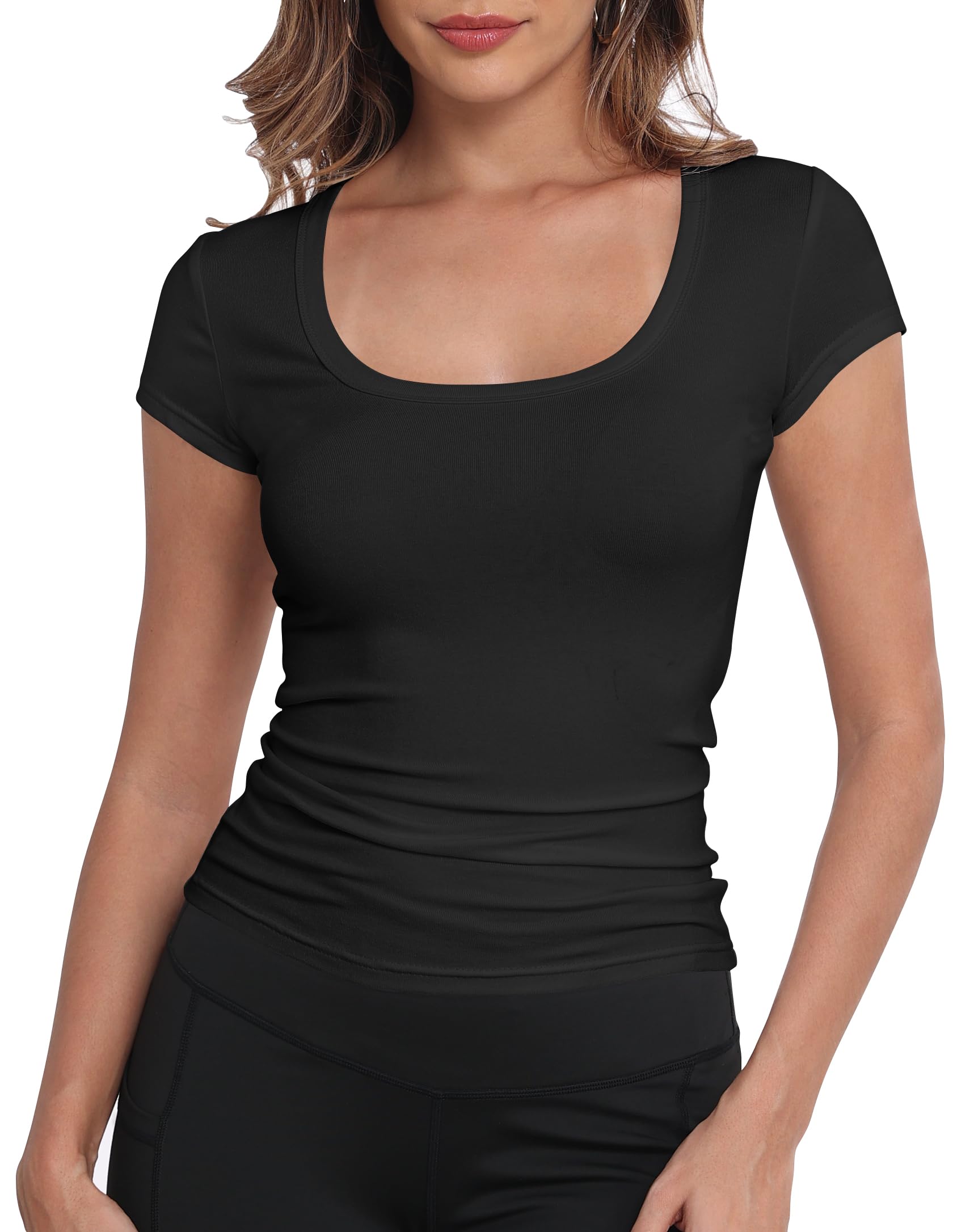 GEMBERA Womens' Stretchy Scoop Neck Short Sleeve Shirts Fitted Casual Basic Top T-Shirts