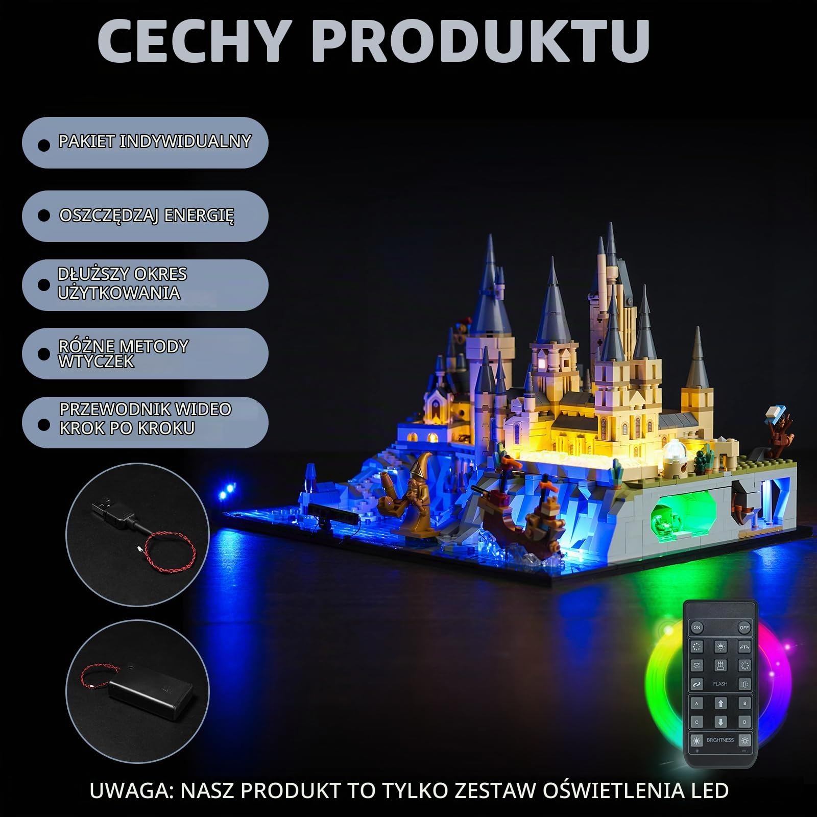 Pilot zdalnego sterowania LED zestaw świateł kompatybilny z Lego 76419 Hogwart Castle and Grounds (nie jest to model), zestaw oświetlenia dekoracyjnego do zamku Hogwartu i Grounds, kreatywne zabawki