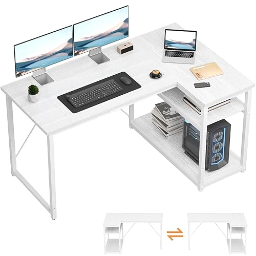 TRIUMPHKEY Scrivania ad Angolo Reversibile 140 x 80cm, Scrivania a Forma di L con Ripiani,Tavolo da Lavoro,Struttura in Acciaio, per Computer, Ufficio, Studio and Soggiorno, Bianco - 140 x 80cm - Bianco