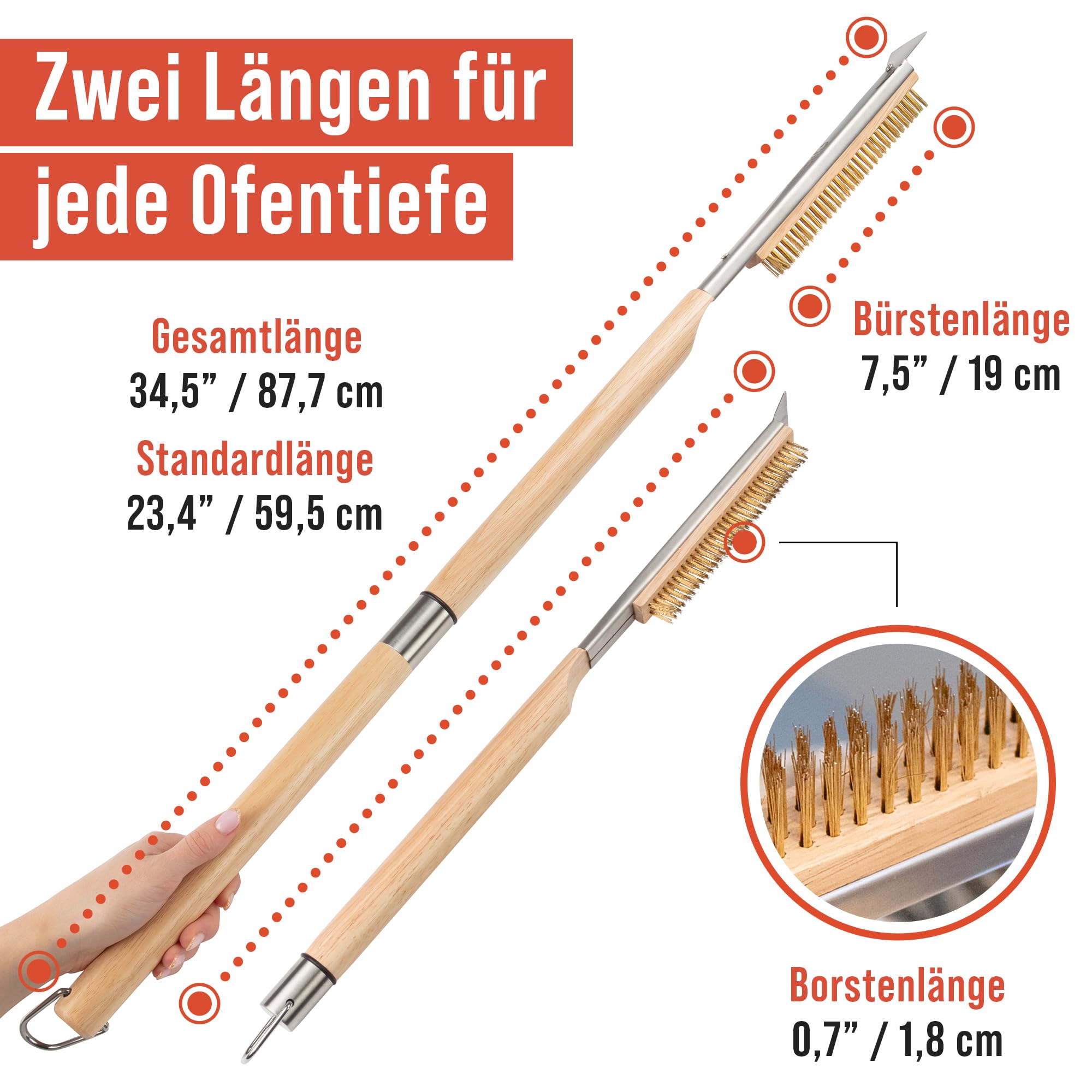 Chef Pomodoro Pizzaofen-Bürste mit Schaber – Verstellbarer Griff (55cm bis 87.7cm), Pizzastein-Bürste, Reinigungsbürste für Pizzaöfen, Outdoor-Pizzaöfen, BBQ-Grills und Öfen