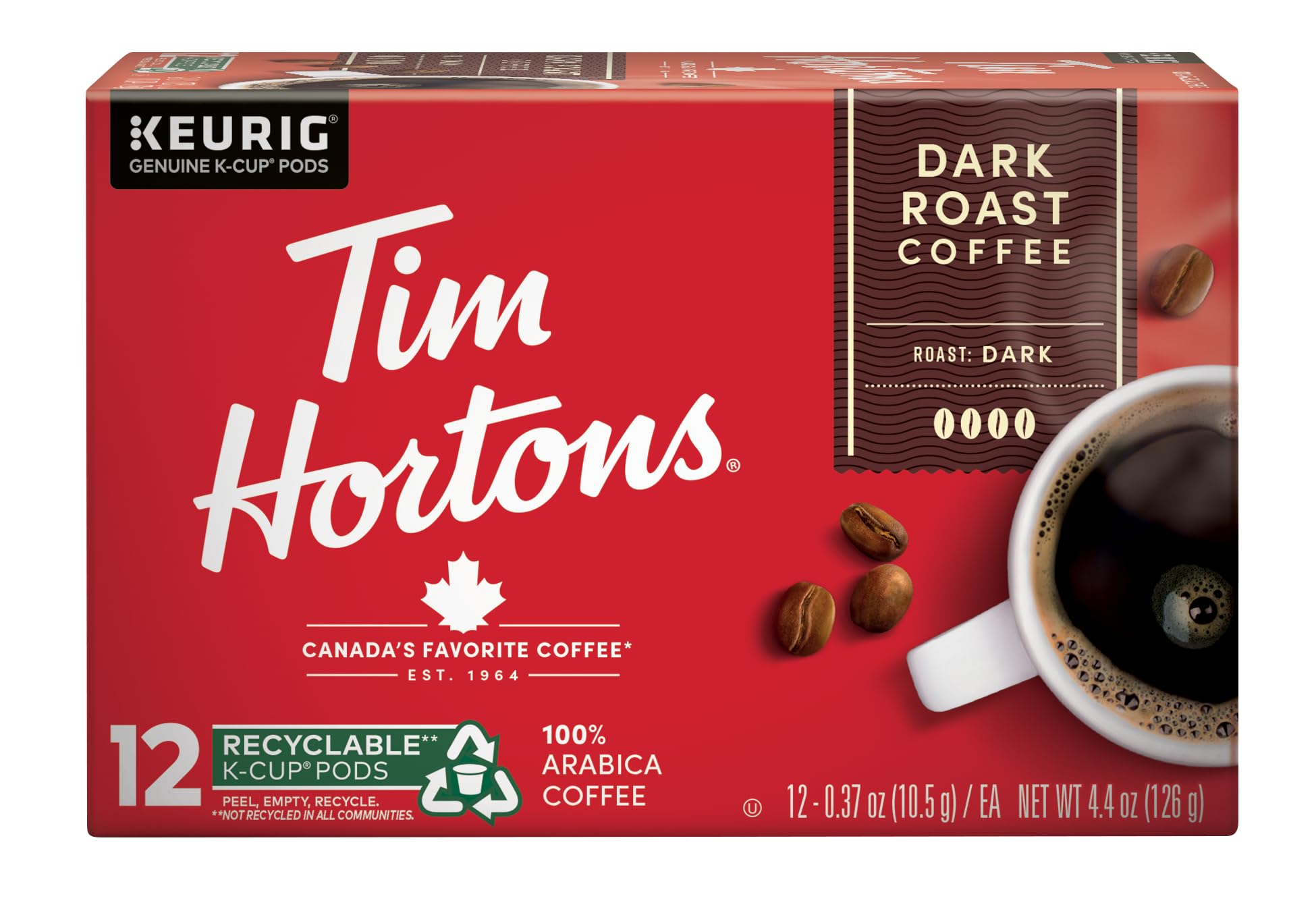 Tim Hortons Dark Roast Coffee, Single-Serve K-Cup Pods Compatible with Keurig Brewers, 12ct K-Cups