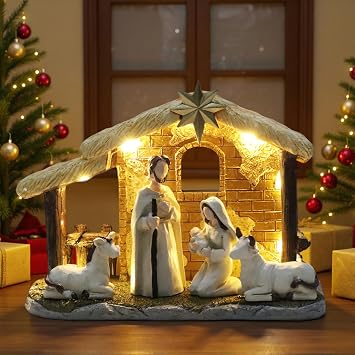 Christmas Nativity Set, 2026 Xmas Nativity Scenes with Light, Handmade Resin The Jesus of Birth Tabletop Scene for Home Decor Medium,5pcs