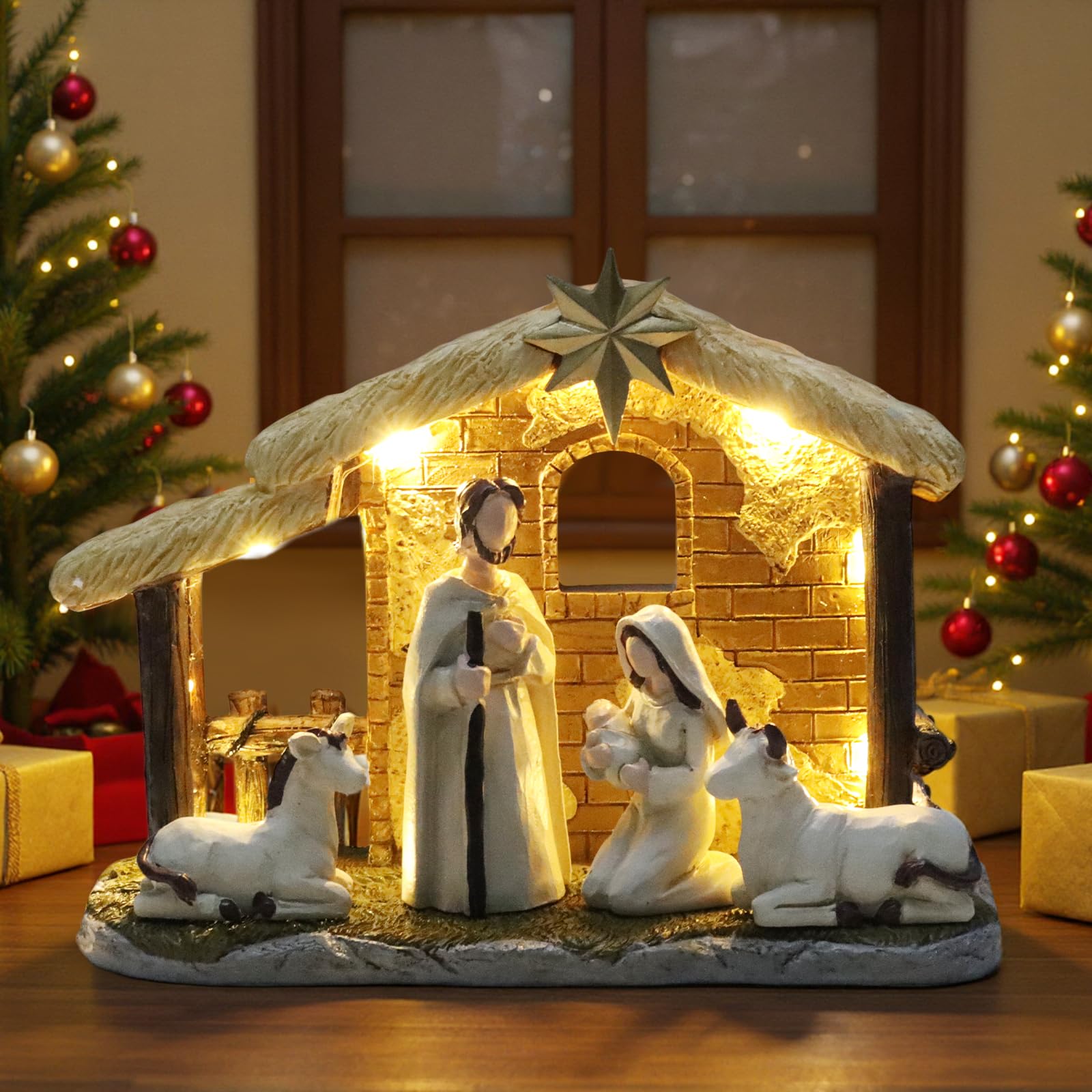 Juego de belén de Navidad, belén de Navidad 2025 con luz, resina hecha a mano, escena de mesa del Jesús del nacimiento para decoración del hogar (mediano, 5 piezas)