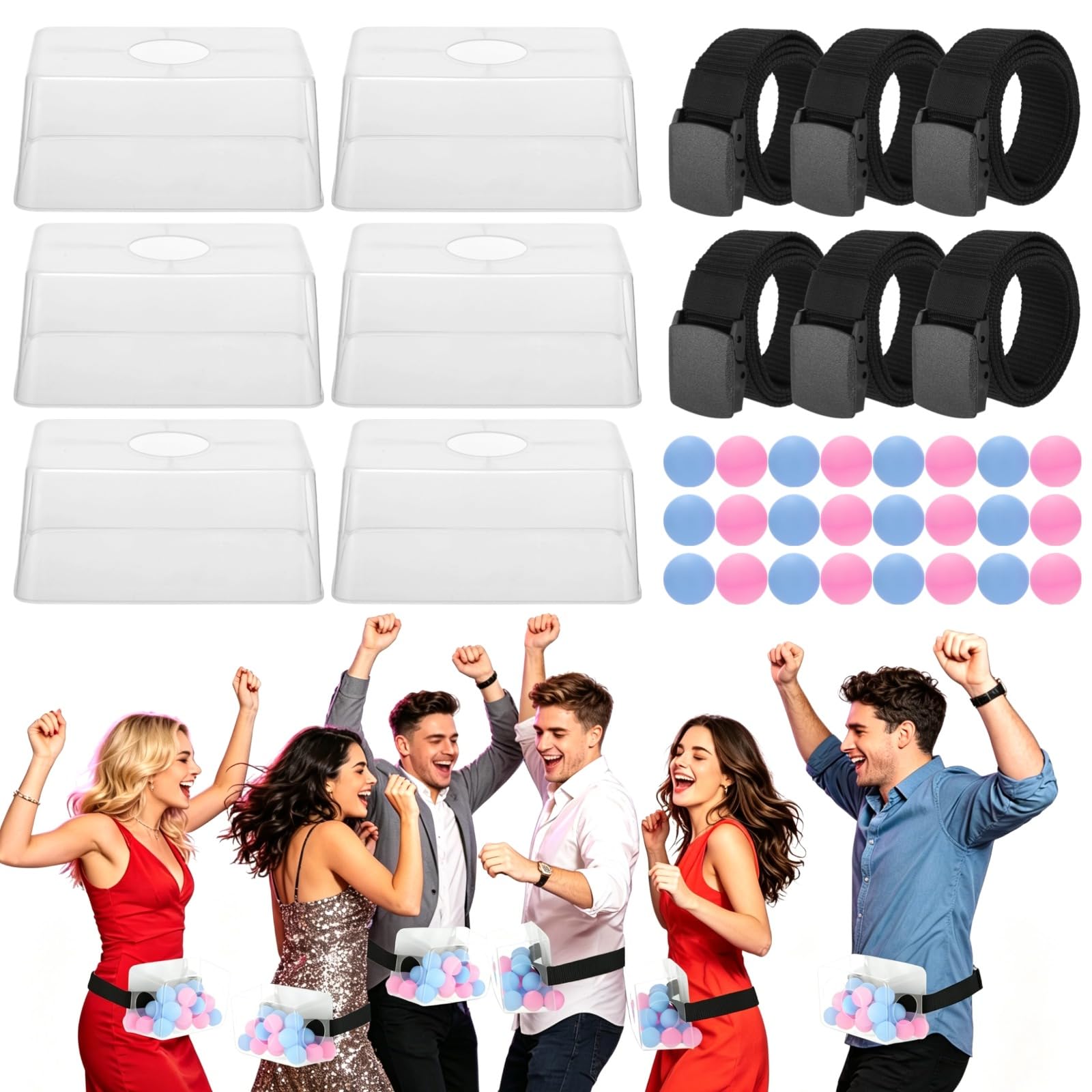 Juego de 6 juegos de pelota de rebote, desafío de rebote de cadera agitada, cajas transparentes, cinturones ajustables, 100 bolas rosas y azules, juego de fiesta interactivo para despedida de