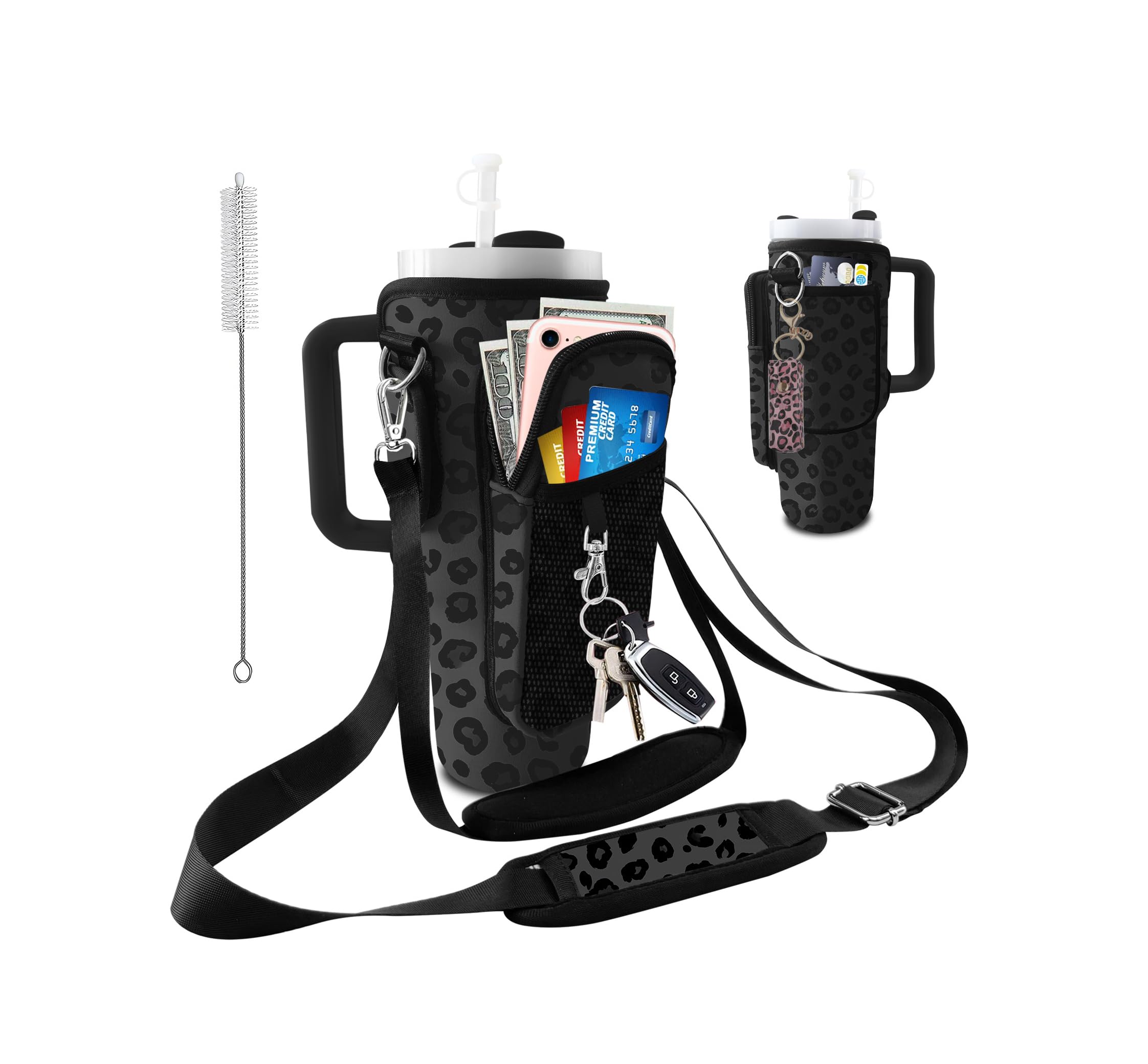 bolimoss Stanley Cup Bag with Phone Pocket Leopard Cheetah Print Insulated Neoprene Water Bottle Holder Pouch with 2 Adjustable Straps & 3 Pockets Stanley Accessories Fits 40 oz Tumbler for Hiking