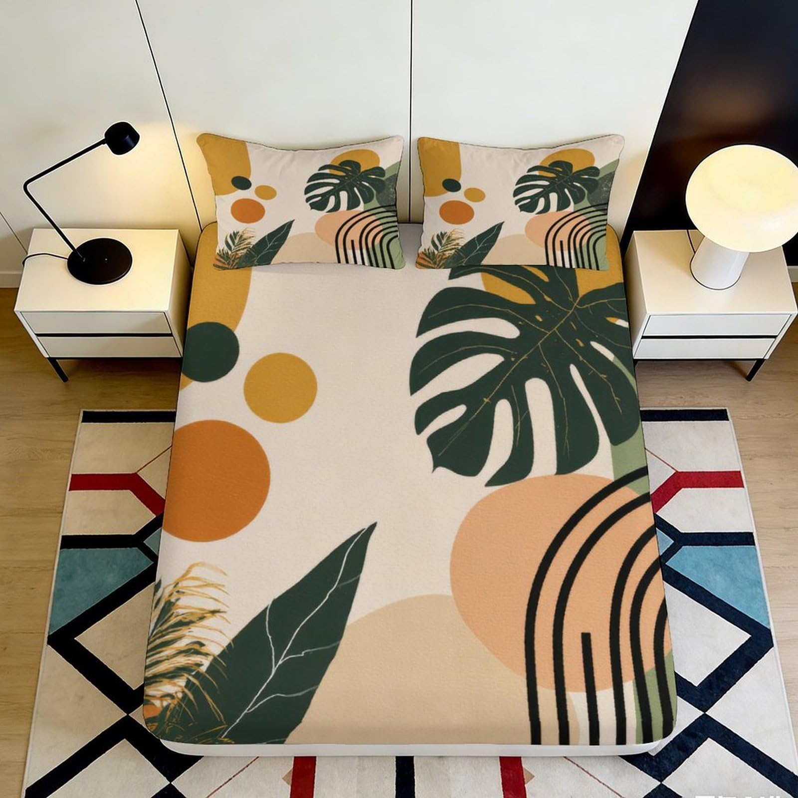 3D Printed Tropical Leaf Fitted Sheet Microfiber Soft Decor Geometric Sunset Bed Cover for Bedroom Guest Room 90x200x25cm
