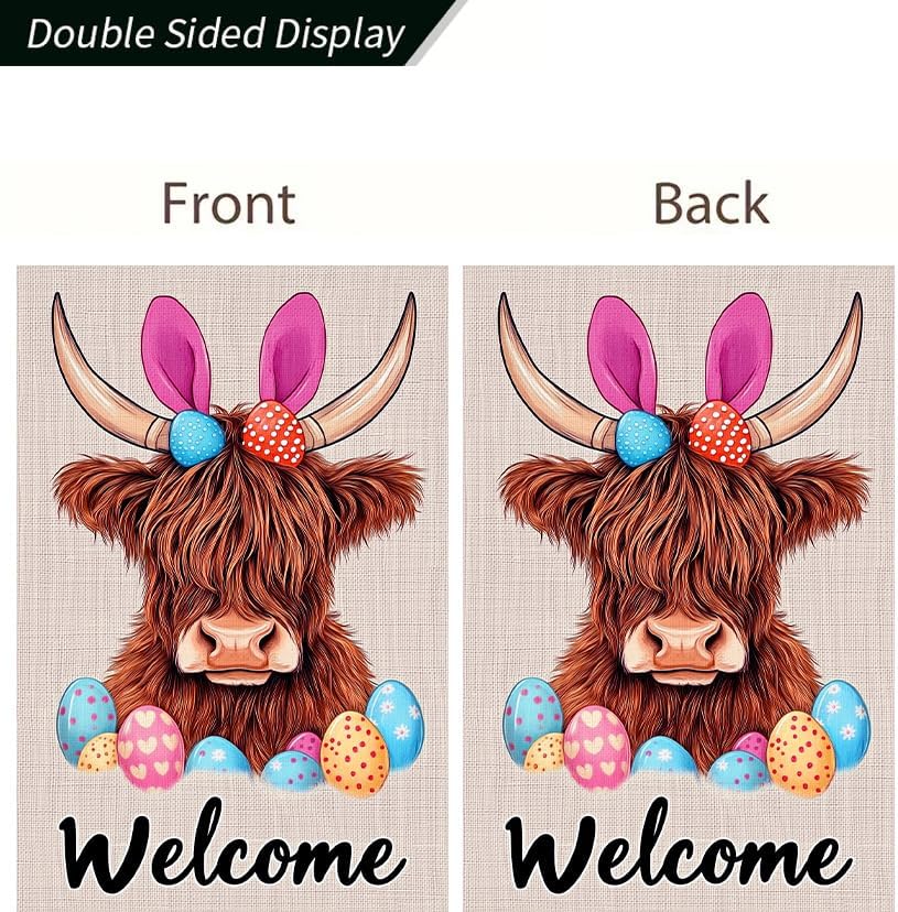 Happy Easter Garden Flag 12x18 Inch Double Sided Highland Cow Bunny Ear Egg Welcome Design Small Outdoor Yard Flag Spring Easter Banner for Porch Lawn Patio Farmhouse Decor - Image 3