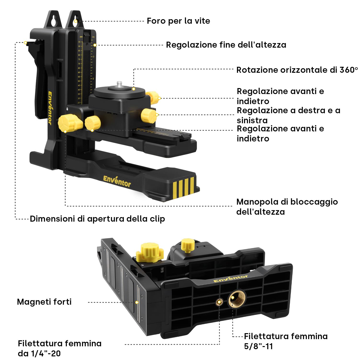 Enventor Professional Supporto Universale per Livella Laser,Staffa Laser Regolabile Universale 1/4'' e 5/8",Base Magnetica Multifunzionale
