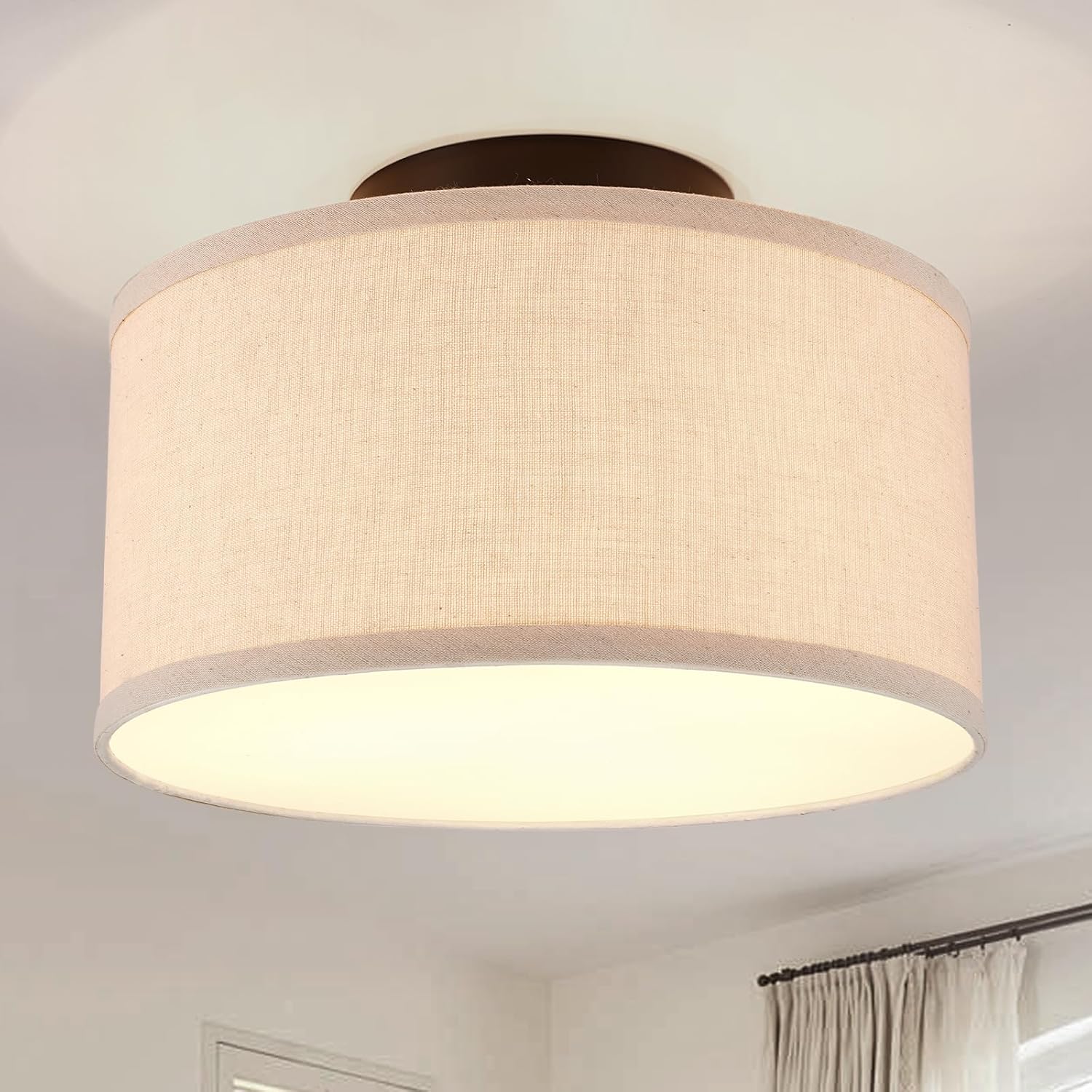 12.6" Modern Linen Fabric Shade Flush Mount Ceiling Light with 3 E26 Bulb Sockets, Semi-Recessed Installation, Ideal for Farmhouse, Bedroom, Kitchen, Living Room & Foyer