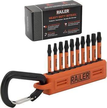 Railer Square Screwdriver Bit Set - Premium S2 Steel 2 Inch Robertson Impact Driver 10-Piece Bit Set With A Tool Storage Bit Holder & Carabiner