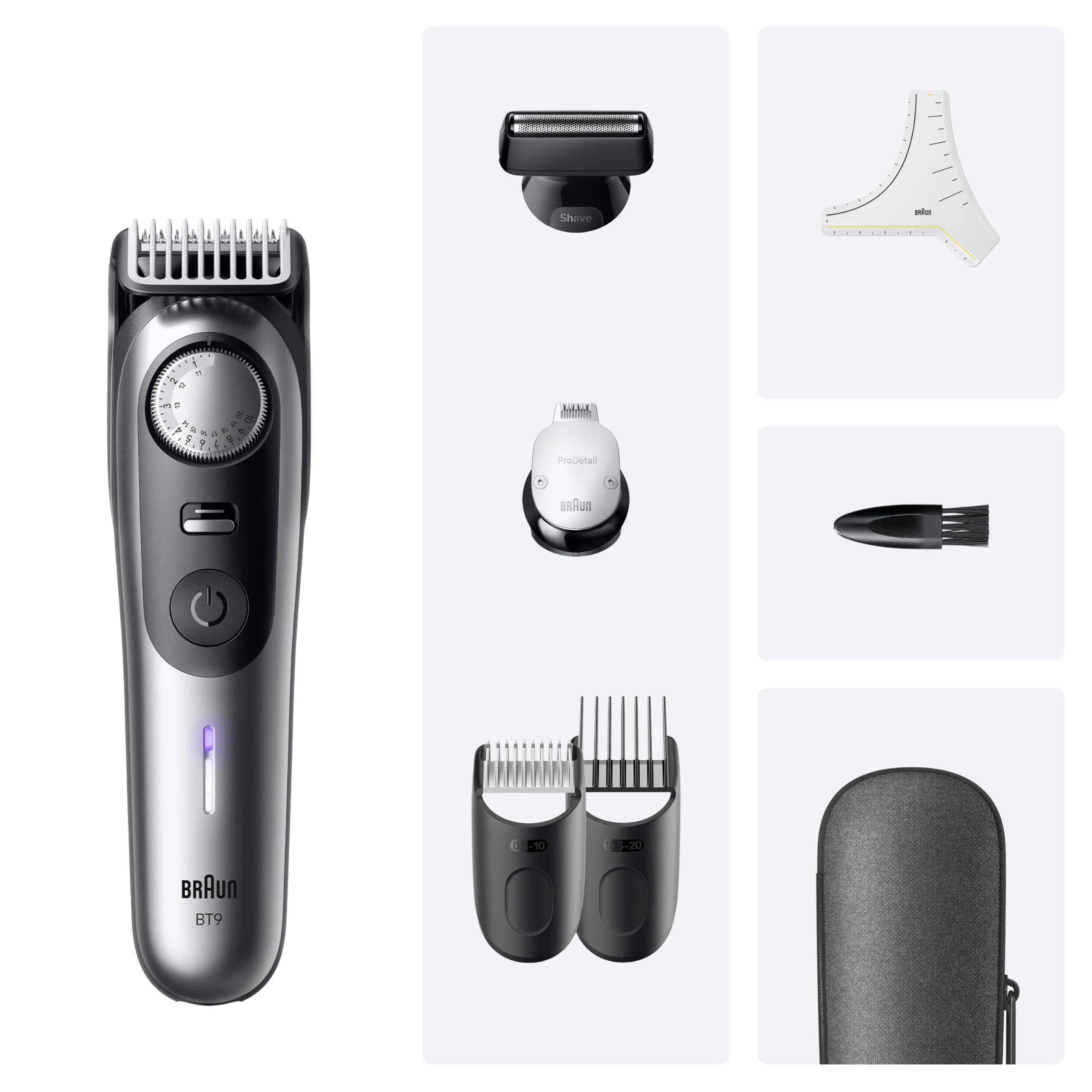 Braun Barttrimmer Series 9, Elektrischer Bartschneider Herren mit 7 Barber-Tools, Ultrascharfe ProBlade Klinge, 180 Min Akkulaufzeit, Kabelloser Bartrasierer, 52 Längen, Wasserdicht, BT9520, Chrom