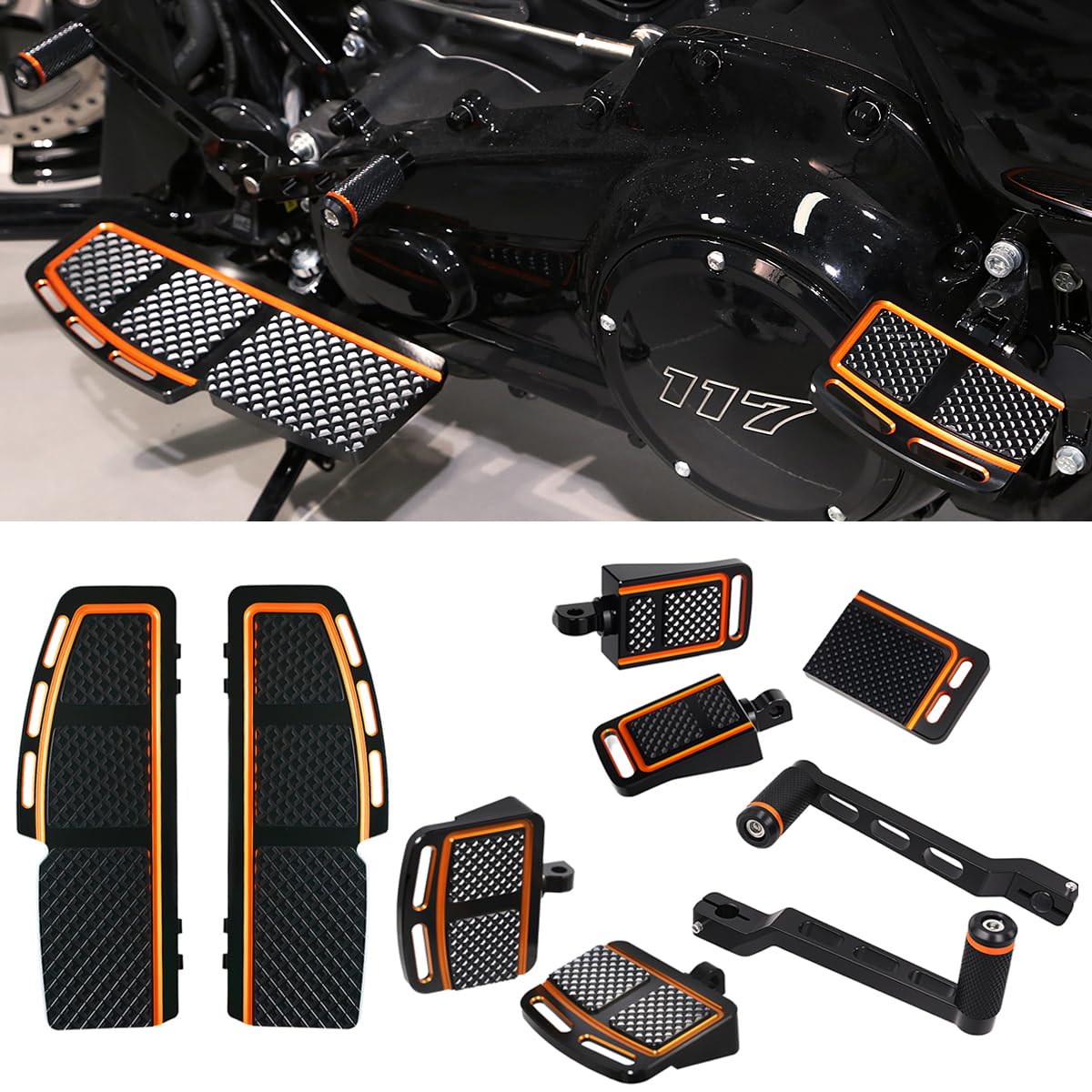 Photo 1 of Motorcycle Diamond Cut Floorboards Footpegs Shifter Peg Pedal Kit Compatible With For Harley Touring Softail Street Road Glide FLTR FLHX (Orange)