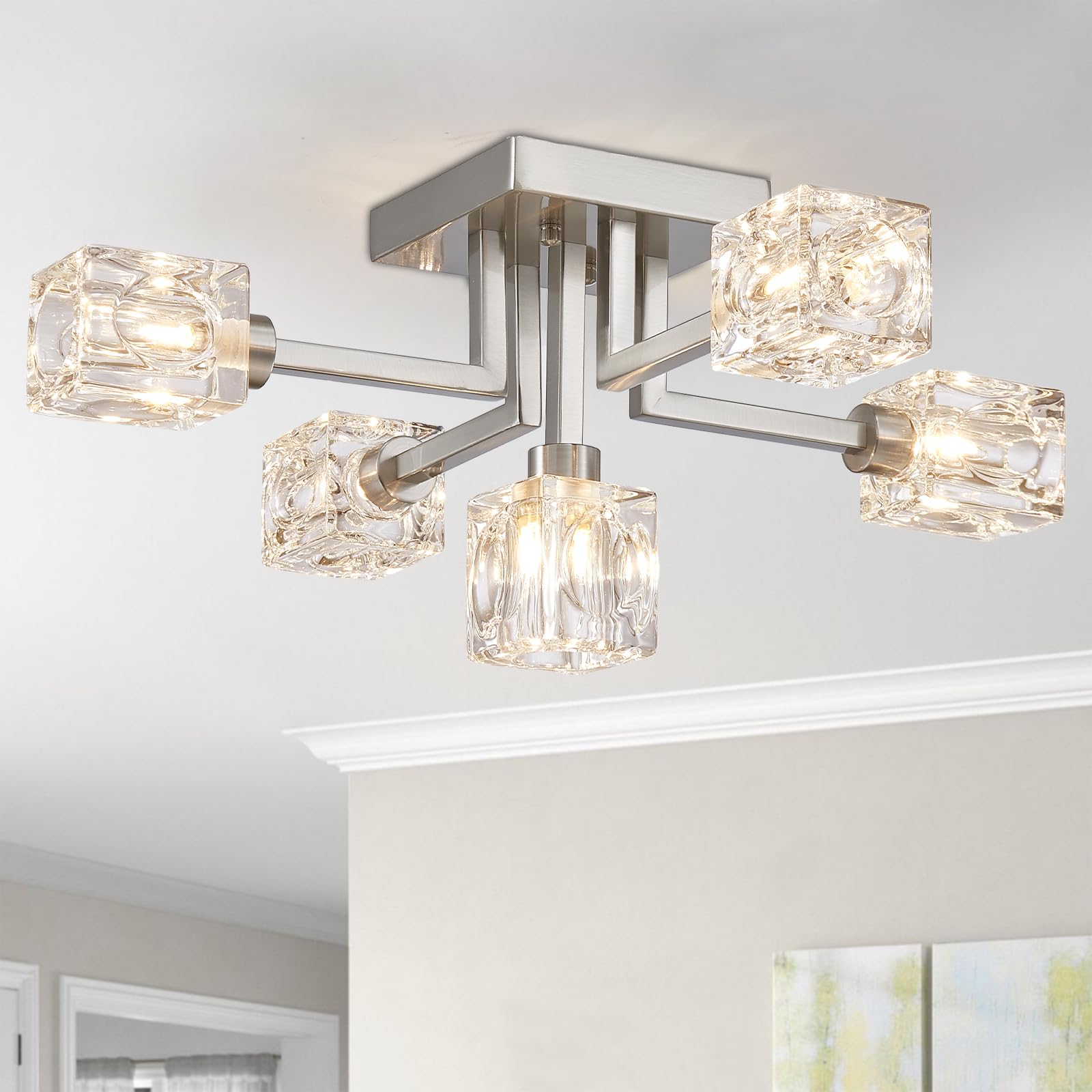 5-Light Semi Flush Mount Ceiling Light Fixture Modern Chandelier Brushed Nickel Dining Room Lighting Sputnik Chandeliers for Living Room Kitchen Bedroom Entryway