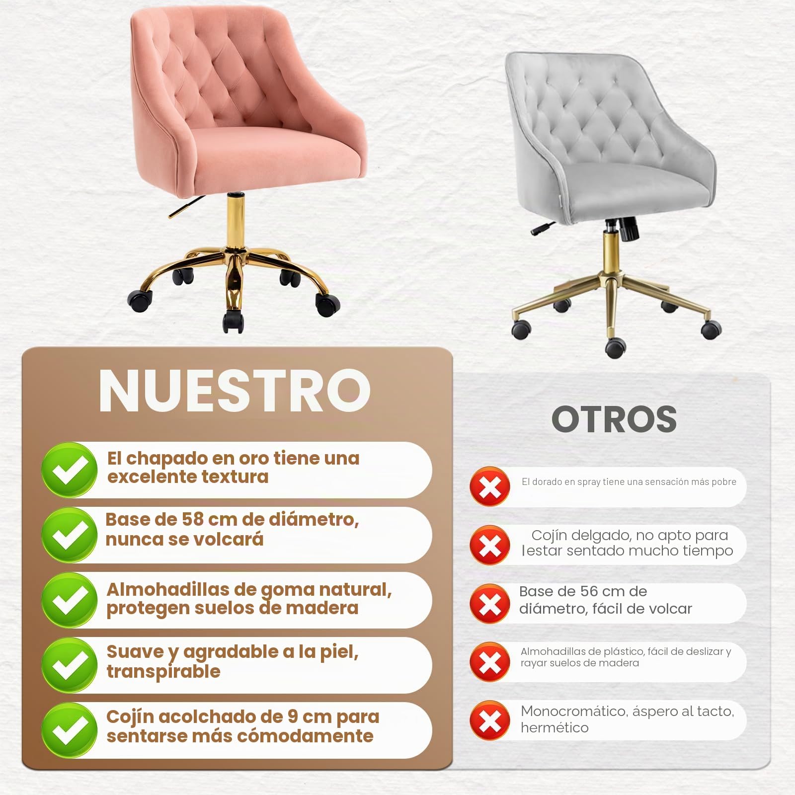Silla Escritorio, Silla tocador con Ruedas, Altura Regulable y cojín Grueso, Patas Doradas, Ideal para Oficina y tocador, Terciopelo Verde