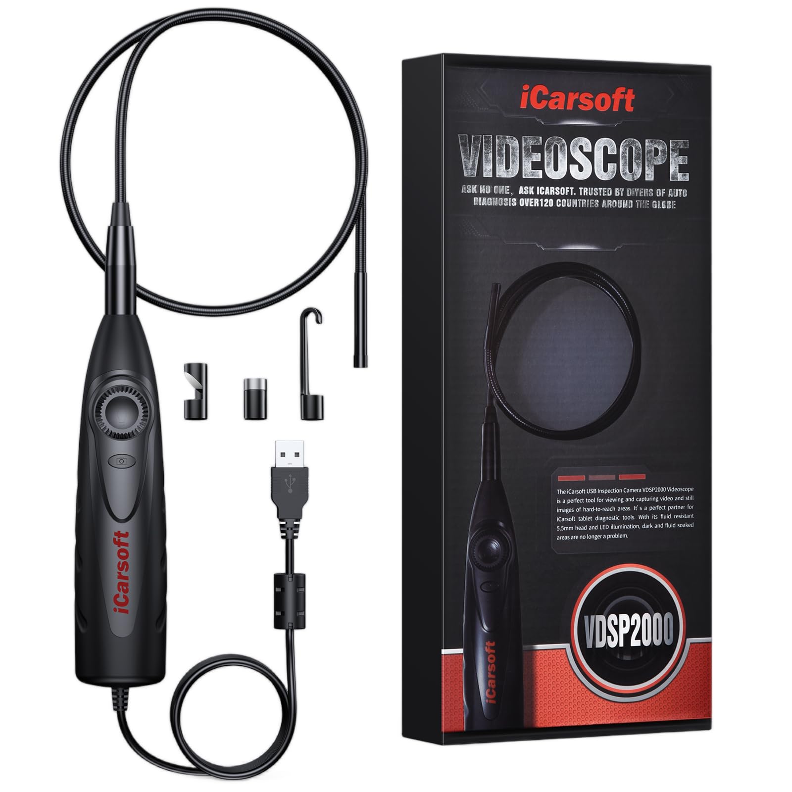 iCarsoft VDSP2000 USB Endoskopkamera, 0,21 Zoll wasserdichtes IP67 HD Endoskop, Inspektionskamera, Geeignet für die Diagnosegeräte CR MAX, CR MAX BT und CR MAX P, mit 6-Stufiger LED-Beleuchtung