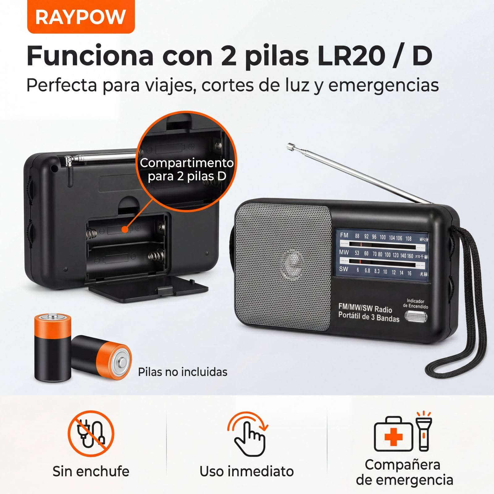 Radio portatile FM AM SW8~SW18 3 bande transistor, altoparlante potente, funziona con 2 batterie AA