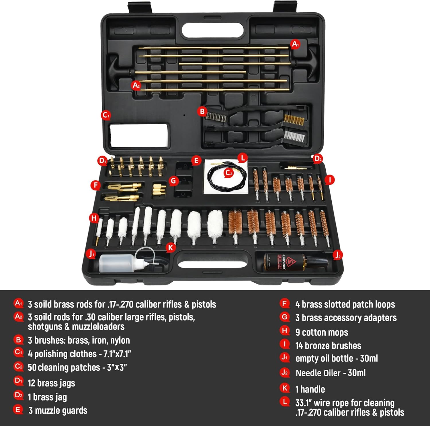 Detailed layout of the GLORYFIRE Gun Cleaning Kit components with labels A1-L, including brass rods, brushes, mops, jags, patches, and oil bottles.