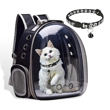 Buraq Astronaut Transparent Pet Carrier Backpack With Collar - For Travel | Hiking | Outdoor Activities | Designed With Breathable Space | Ventilated | Airline-Approved | Sturdy Pad | For Puppies & Cats (Black)