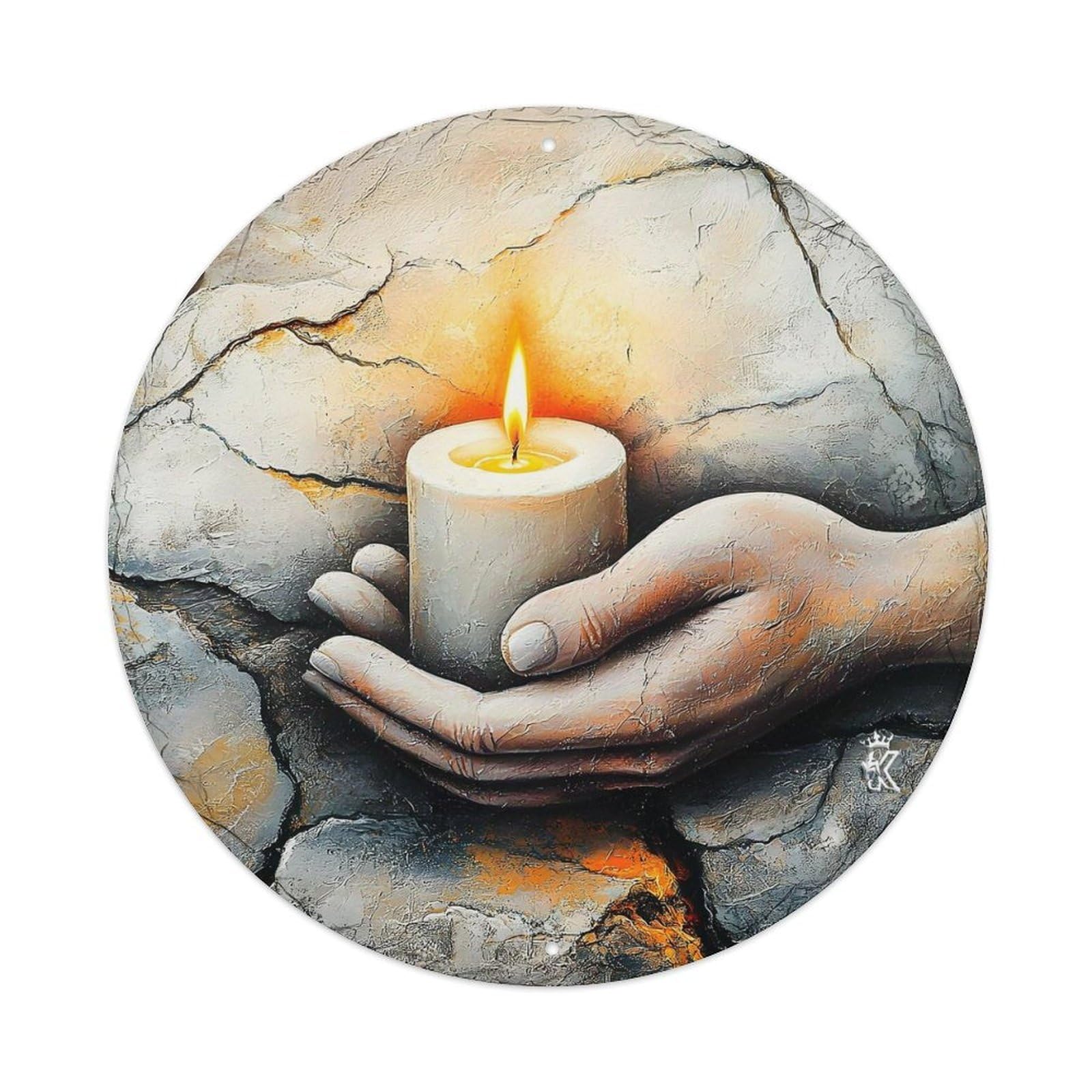 Candle Light Hands Stone Cracks Round Tin Sign Vintage Metal Sign Home Bar Garden Indoor & Outdoor Wall Decor Retro Metal Poster 8x8 Inch